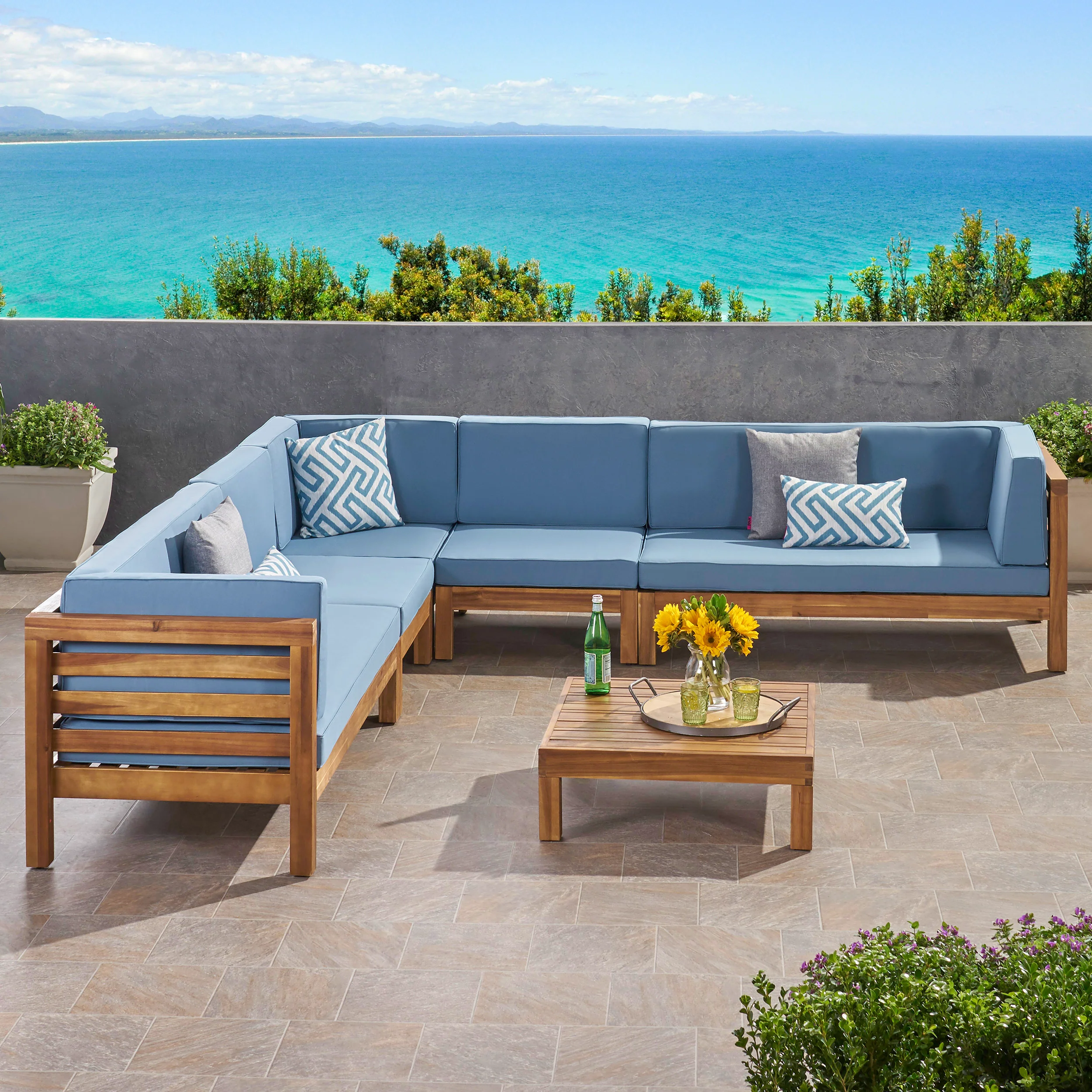 Emma Outdoor 7 Seater Acacia Wood Sectional Sofa Set - furnishings