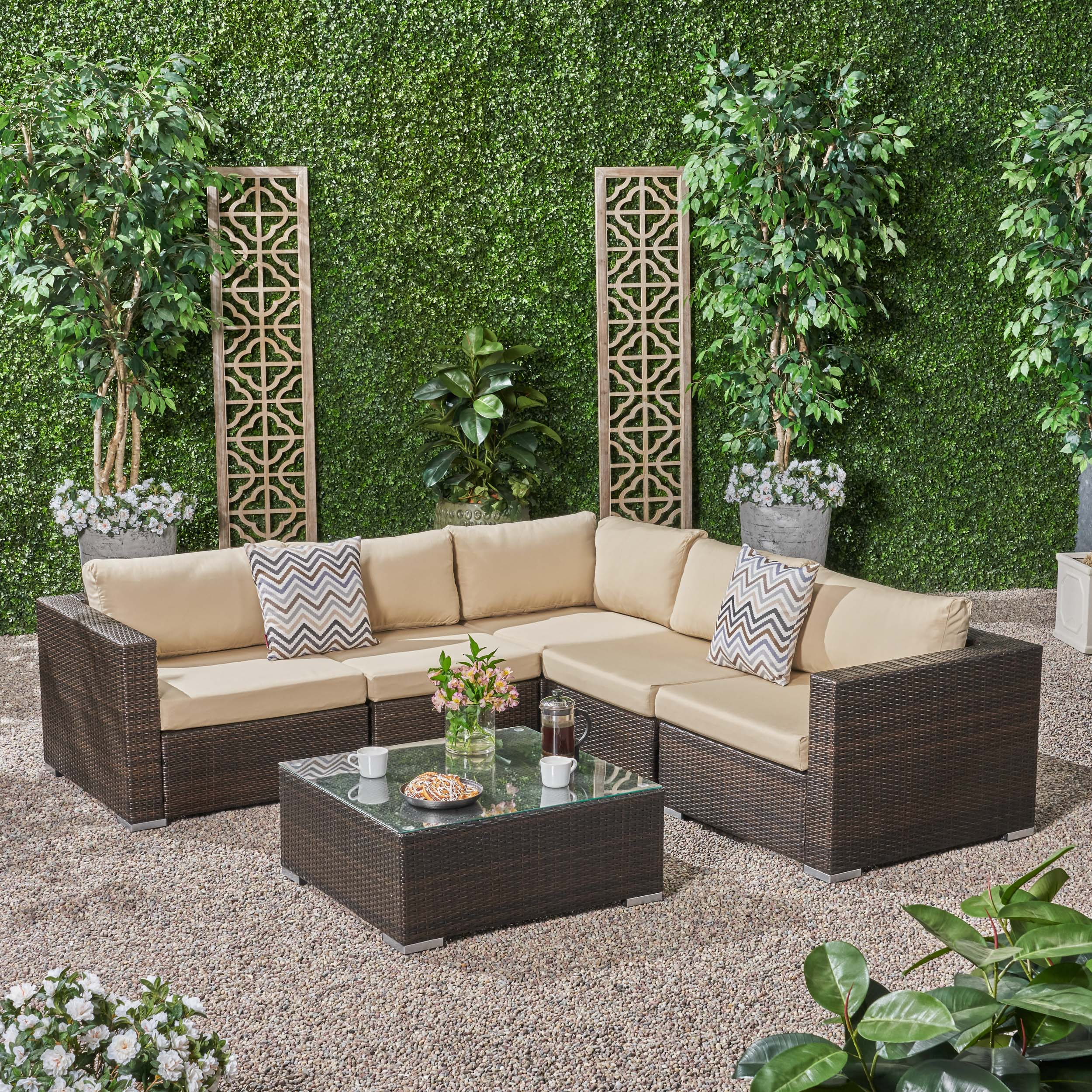 Kyra Outdoor 5 Seater Wicker Sectional Sofa Set with Sunbrella Cushions - furnishings