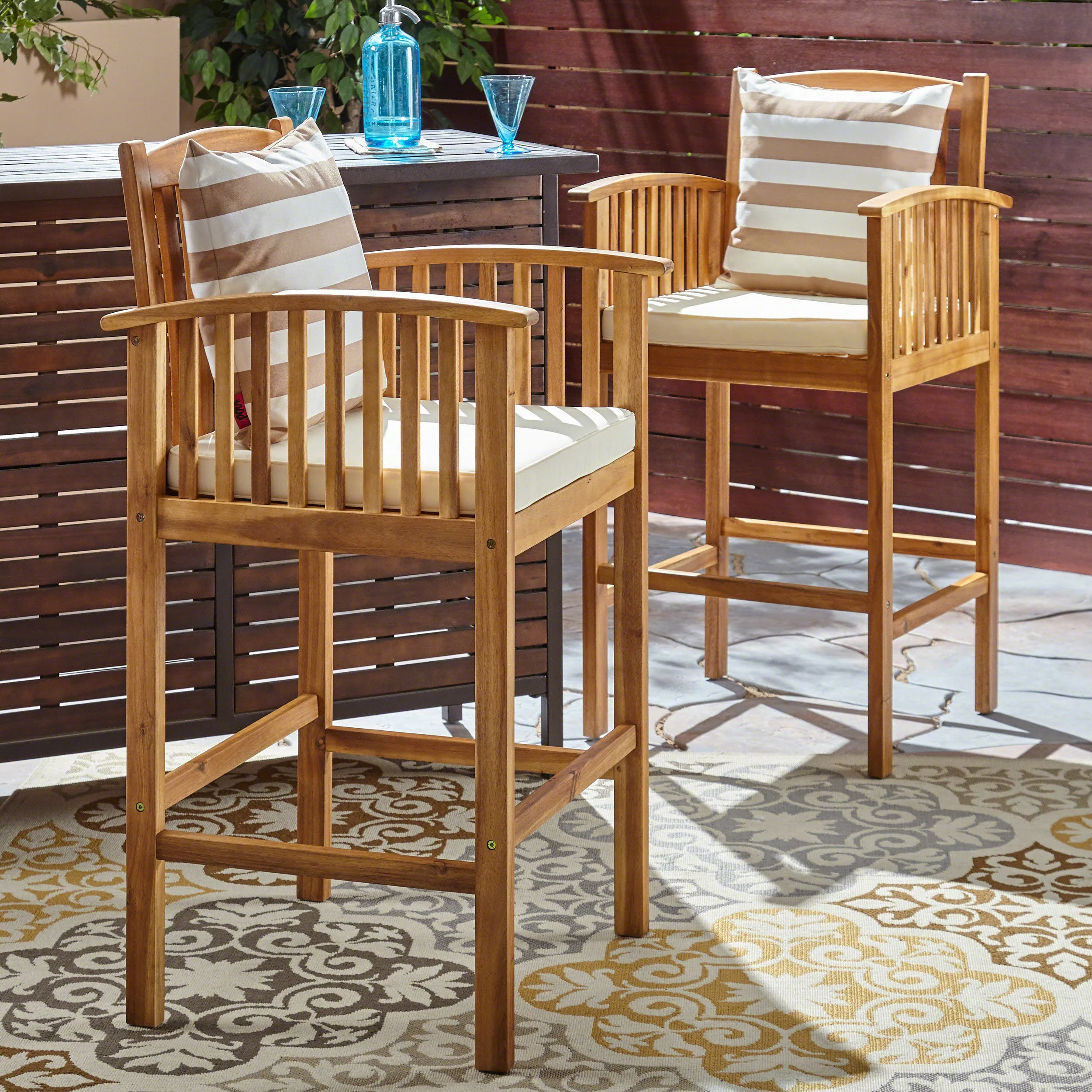 Grace Outdoor Acacia Barstools, Gray Finish and Dark (Set of 2) - furnishings