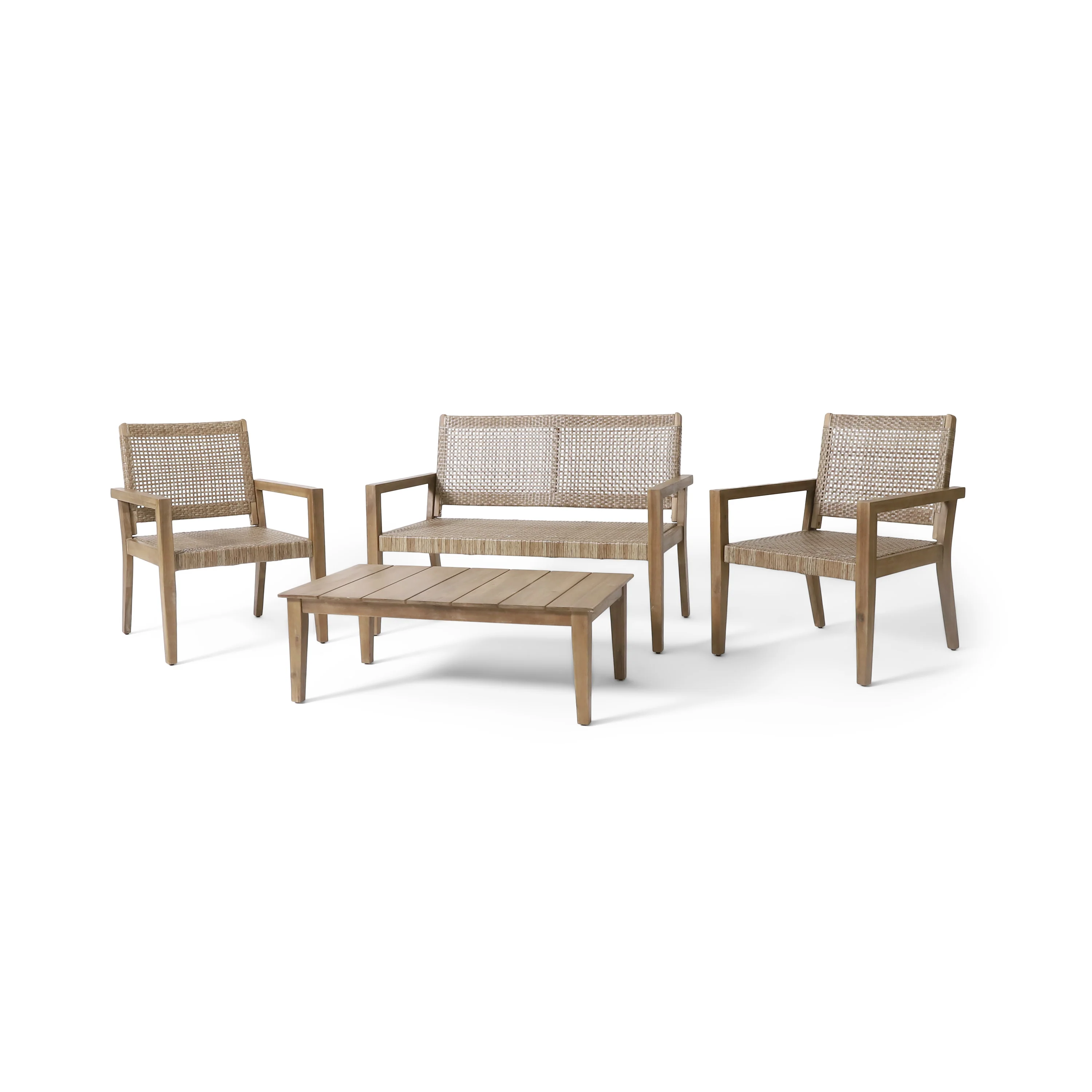 Elmcrest Outdoor Wicker and Acacia Wood 4 Seater Chat Set, Light Multibrown and Light Brown - furnishings