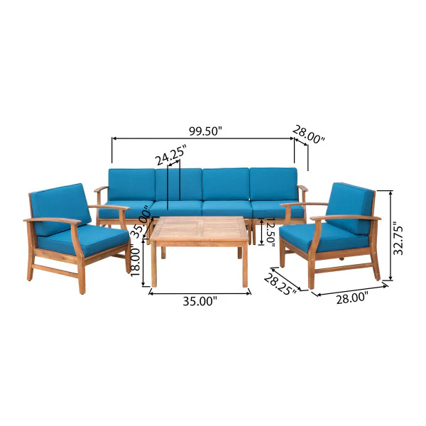 Scarlett Outdoor 6 Seat Teak Finished Acacia Wood Sofa and Table Set - furnishings