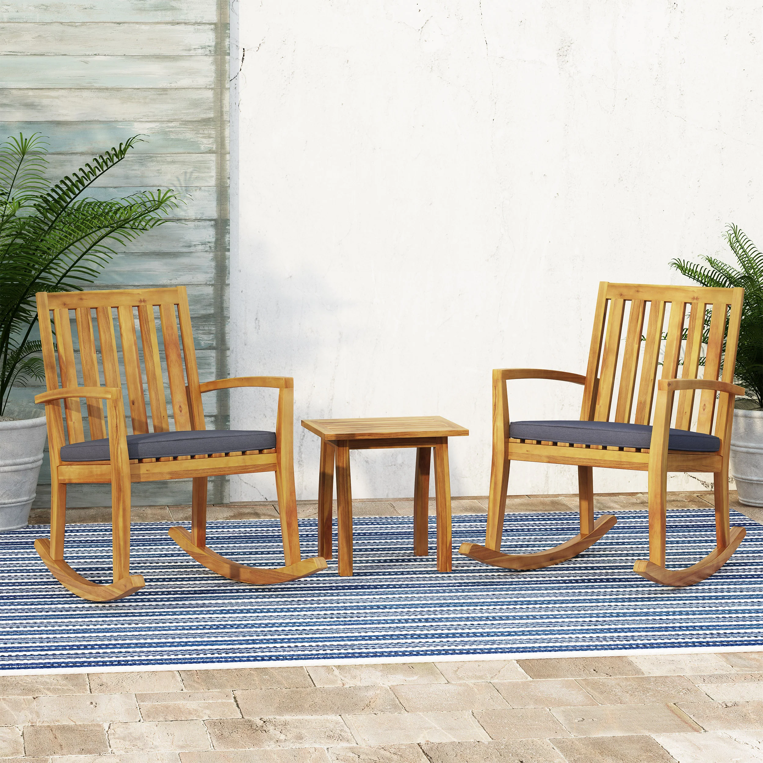 Yvonne Outdoor Acacia Wood Rocking Chair Chat Set - furnishings