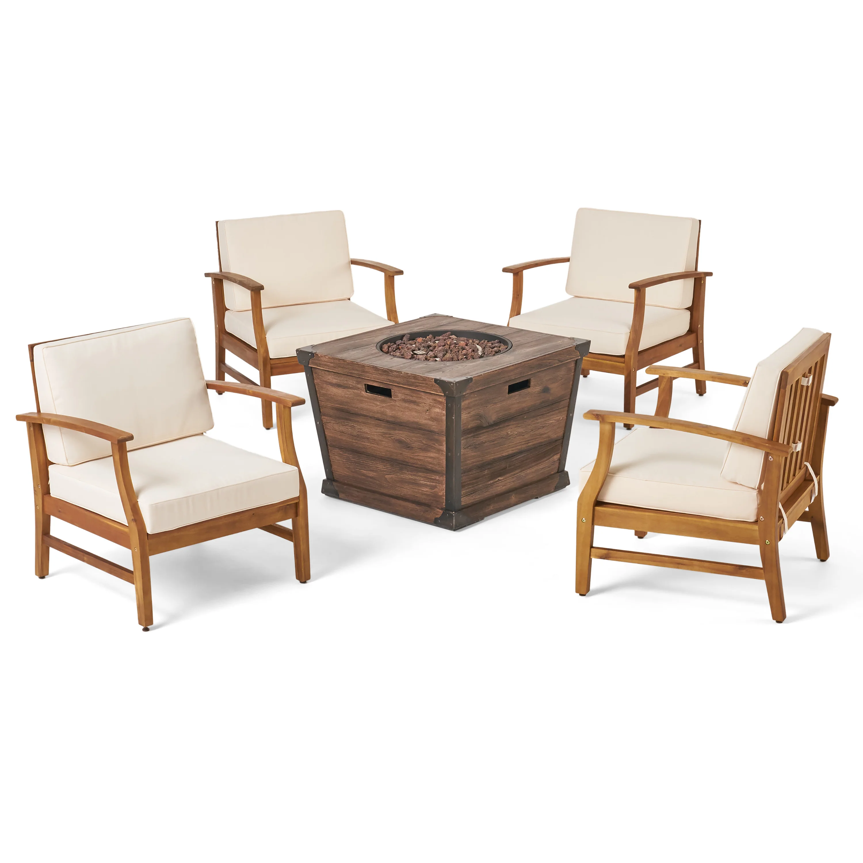 Belle Outdoor 4 Seat Fire Pit Chat Set with Teak Finished Acacia Wood Club Chairs - furnishings