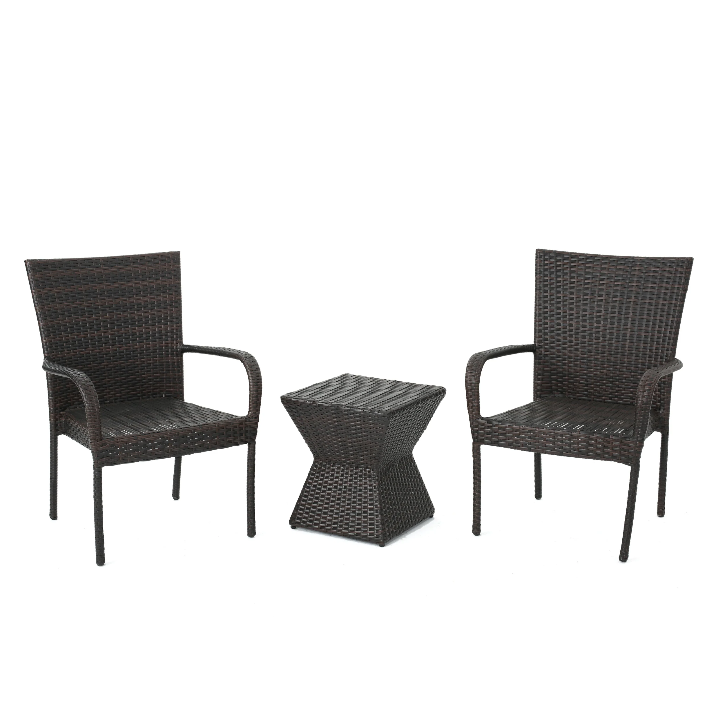 Bakerville Outdoor 3 Piece Multi-Brown Wicker Chat Set with Stacking Chairs - furnishings