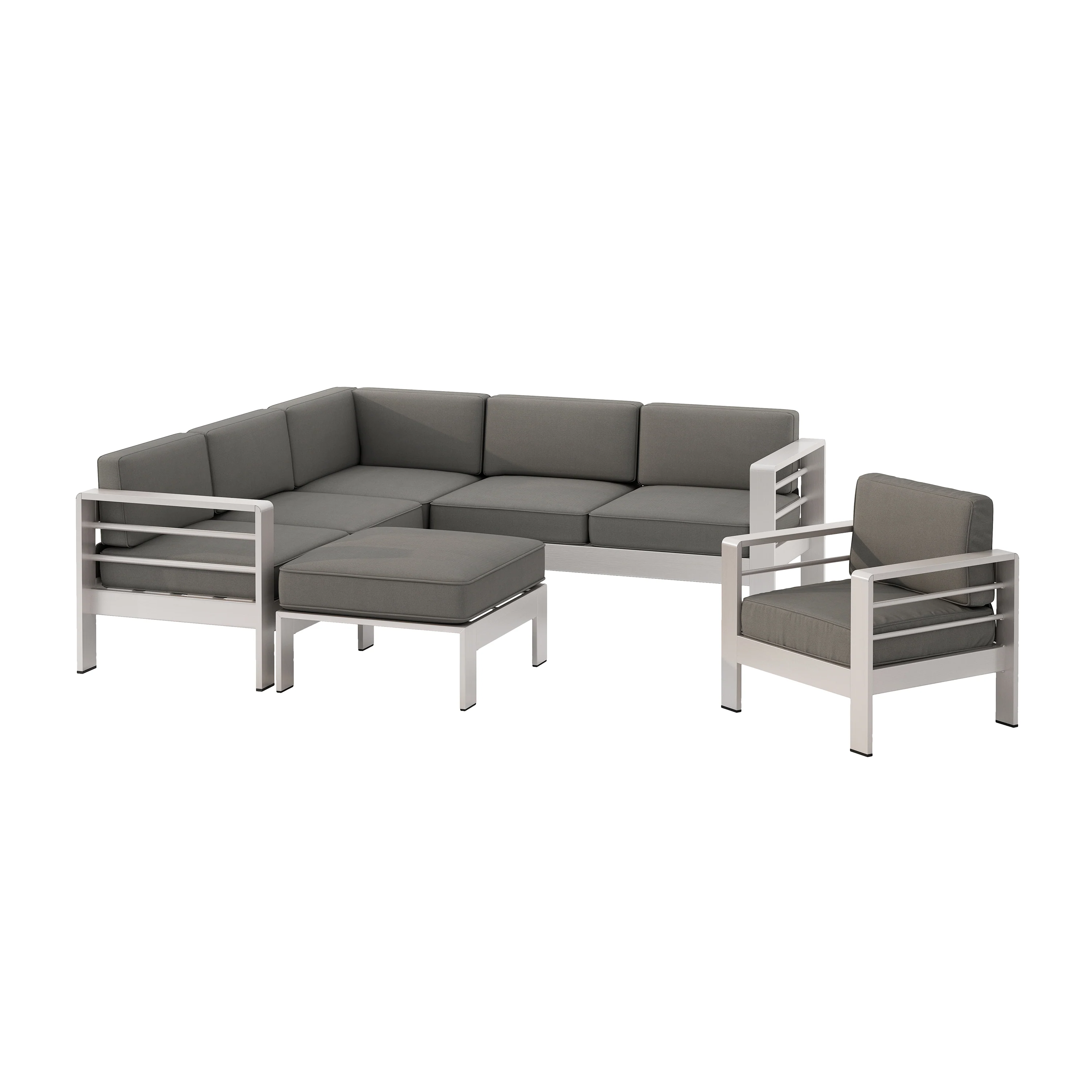 Emily Coral Outdoor Aluminum 6-Seater V-Shaped Sectional Sofa Set with Ottoman - furnishings