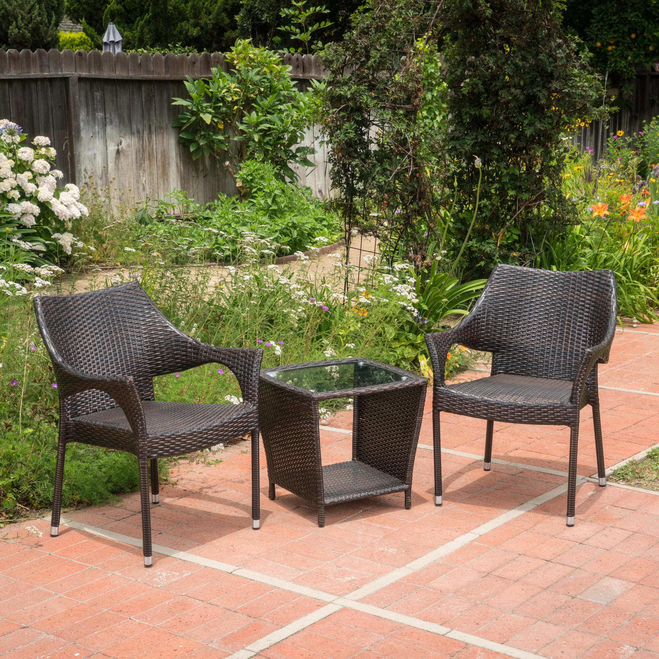 Alfheimr Outdoor 3 Piece Multi-brown Wicker Stacking Chair Chat Set - furnishings