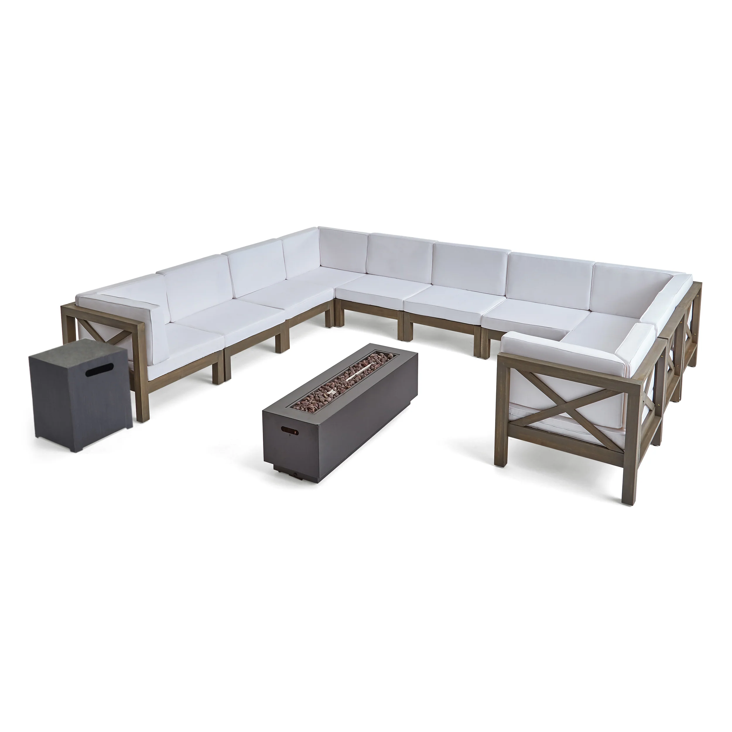 Lorelei Outdoor Acacia Wood 10 Seater U-Shaped Sectional Sofa Set with Fire Pit - furnishings