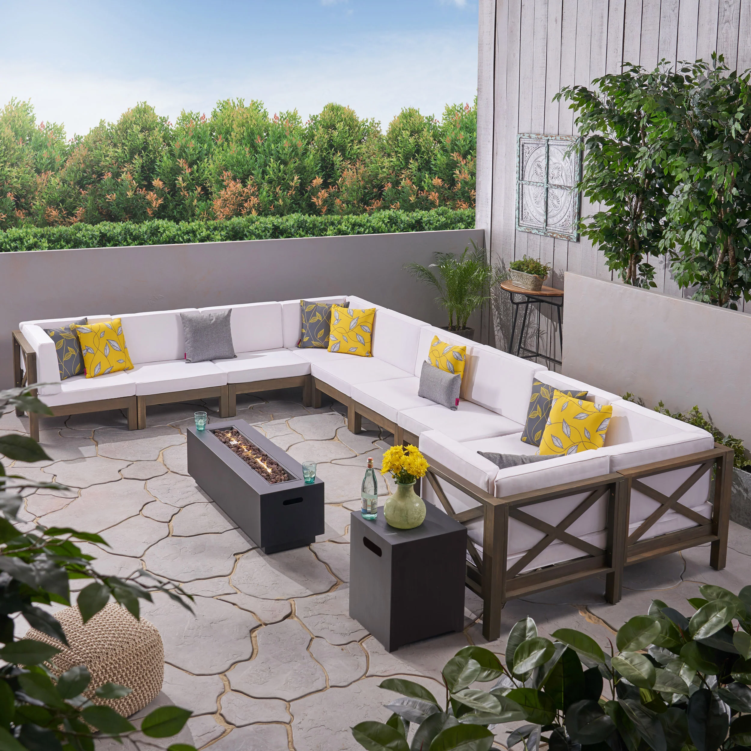 Lorelei Outdoor Acacia Wood 10 Seater U-Shaped Sectional Sofa Set with Fire Pit - furnishings
