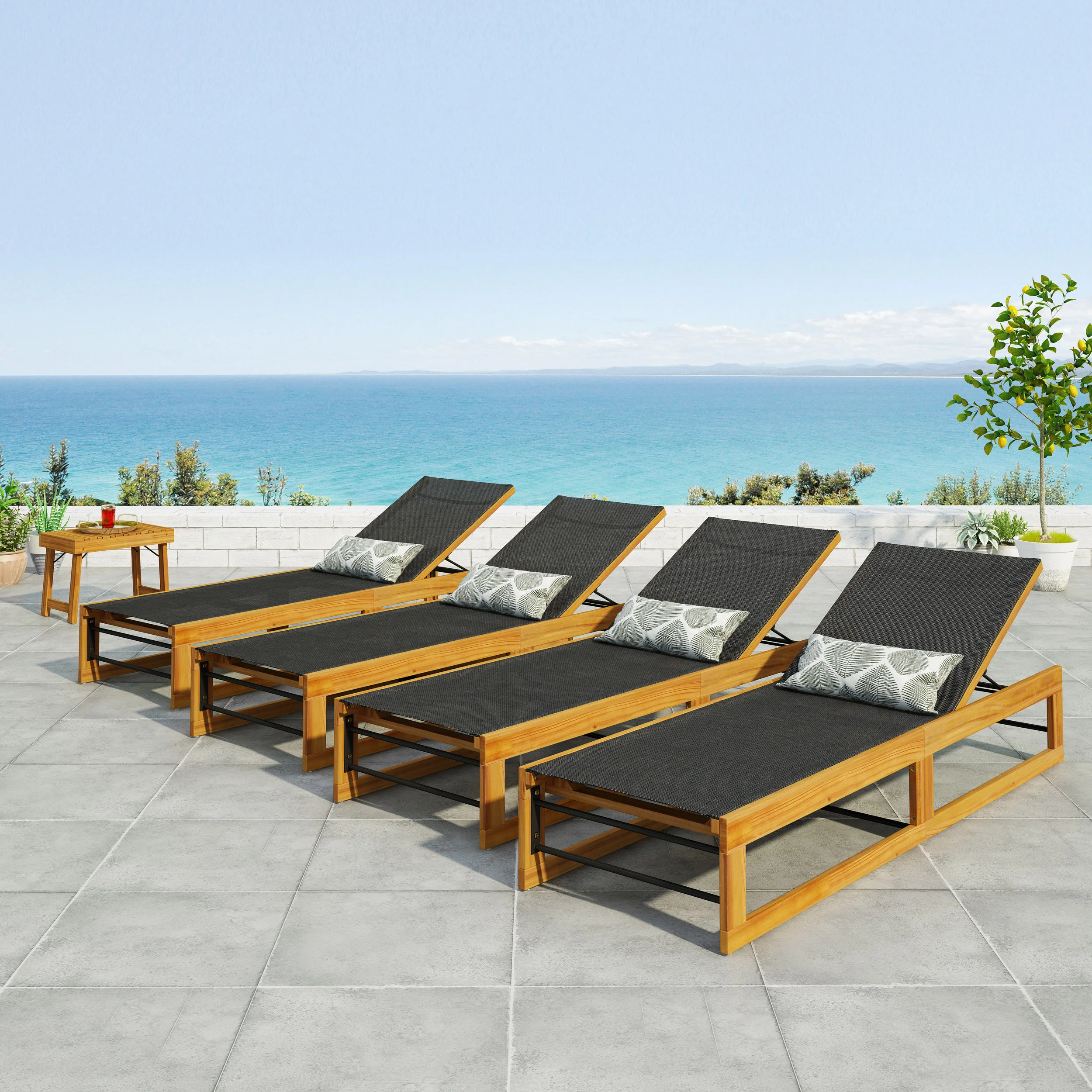 Leavitt Outdoor Mesh and Wood Adjustable Chaise Lounges, Set of 4, Black and Teak - furnishings