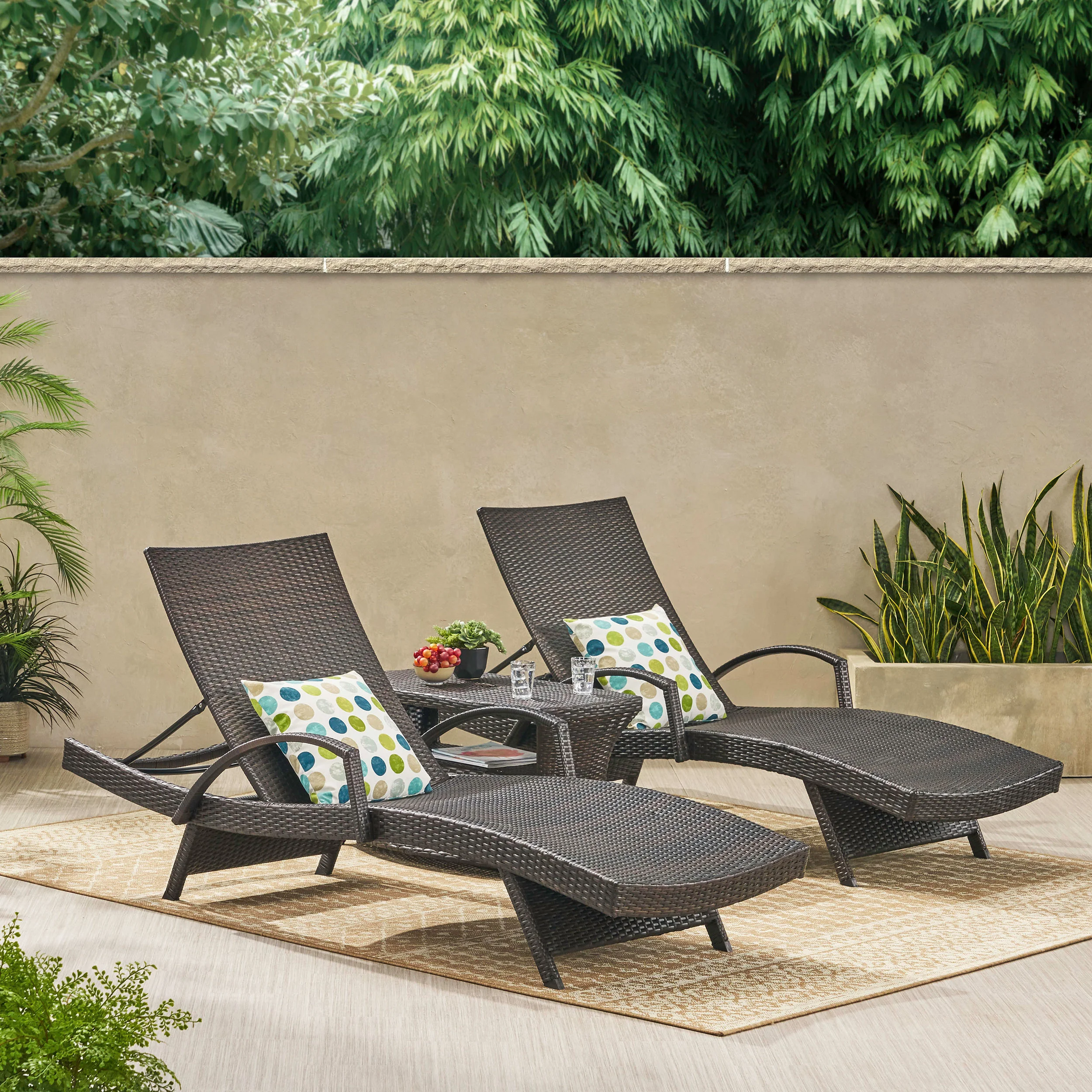 Lakeport Outdoor 3 Piece Mutlibrown Wicker Chaise Lounge Set with Table - furnishings