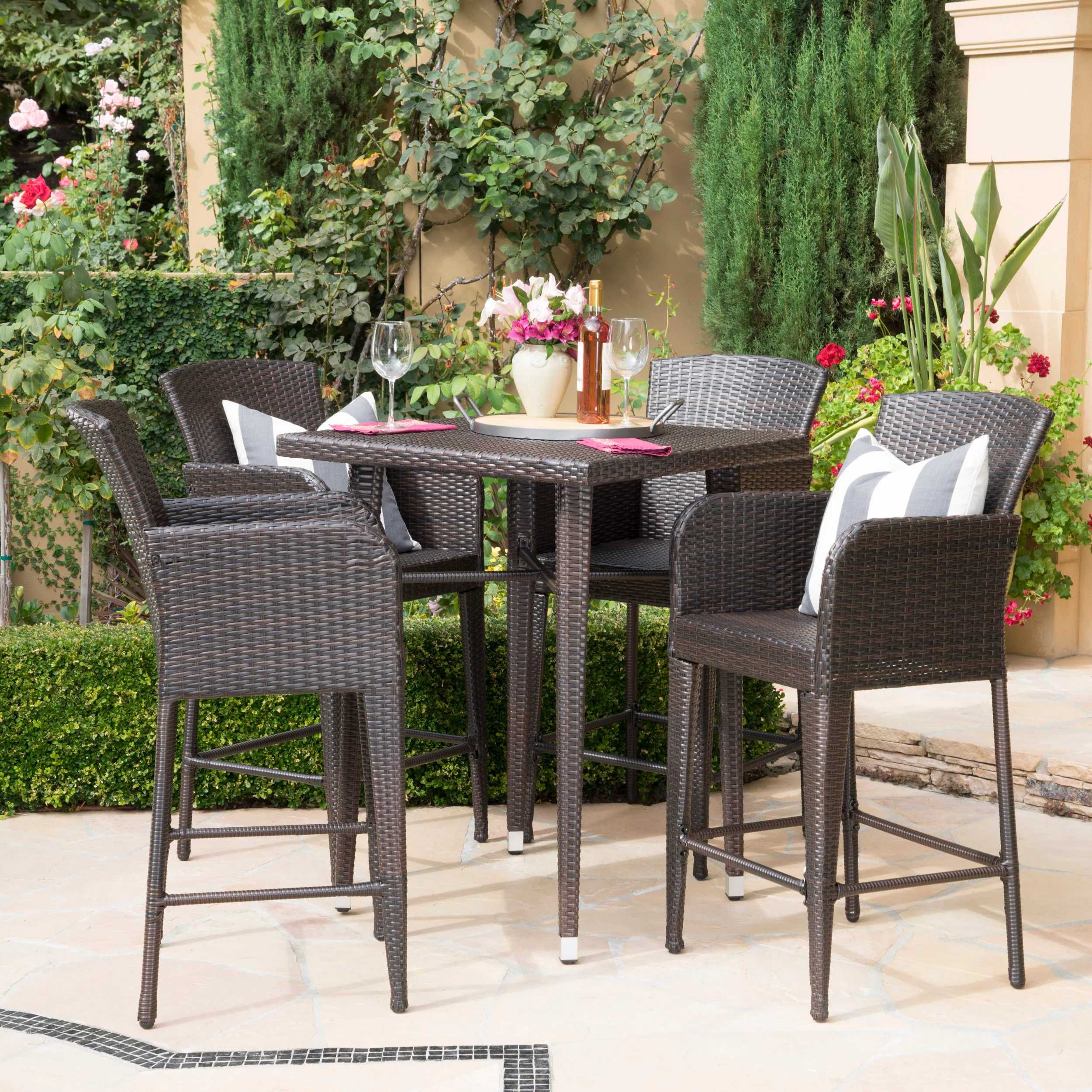 Landan Outdoor 5 Piece Multi-brown Wicker Square Bar Table Set - furnishings