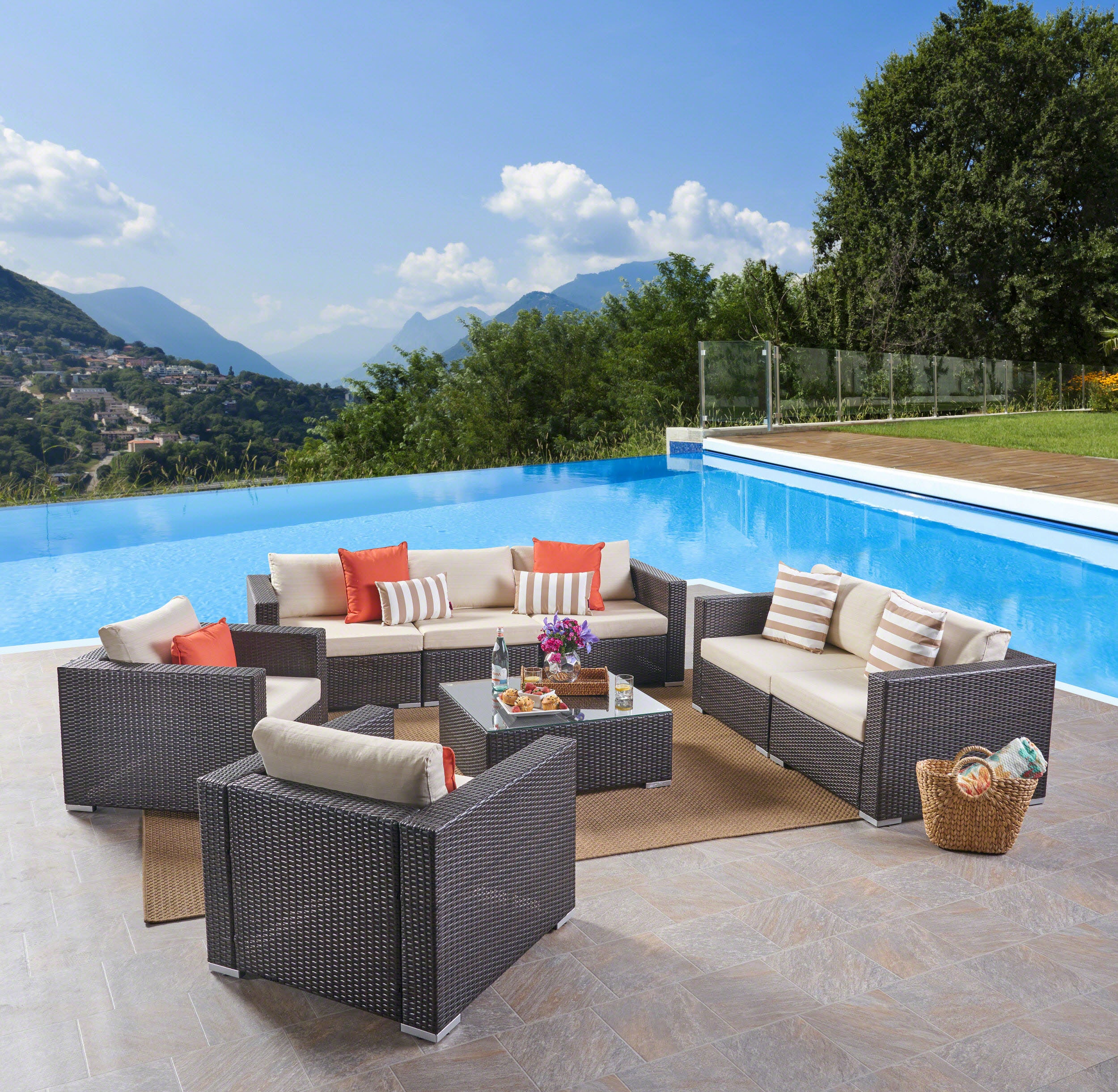 Samuel Outdoor 7 Seater Wicker Sofa Chat Set with Aluminum Frame and Cushions - furnishings