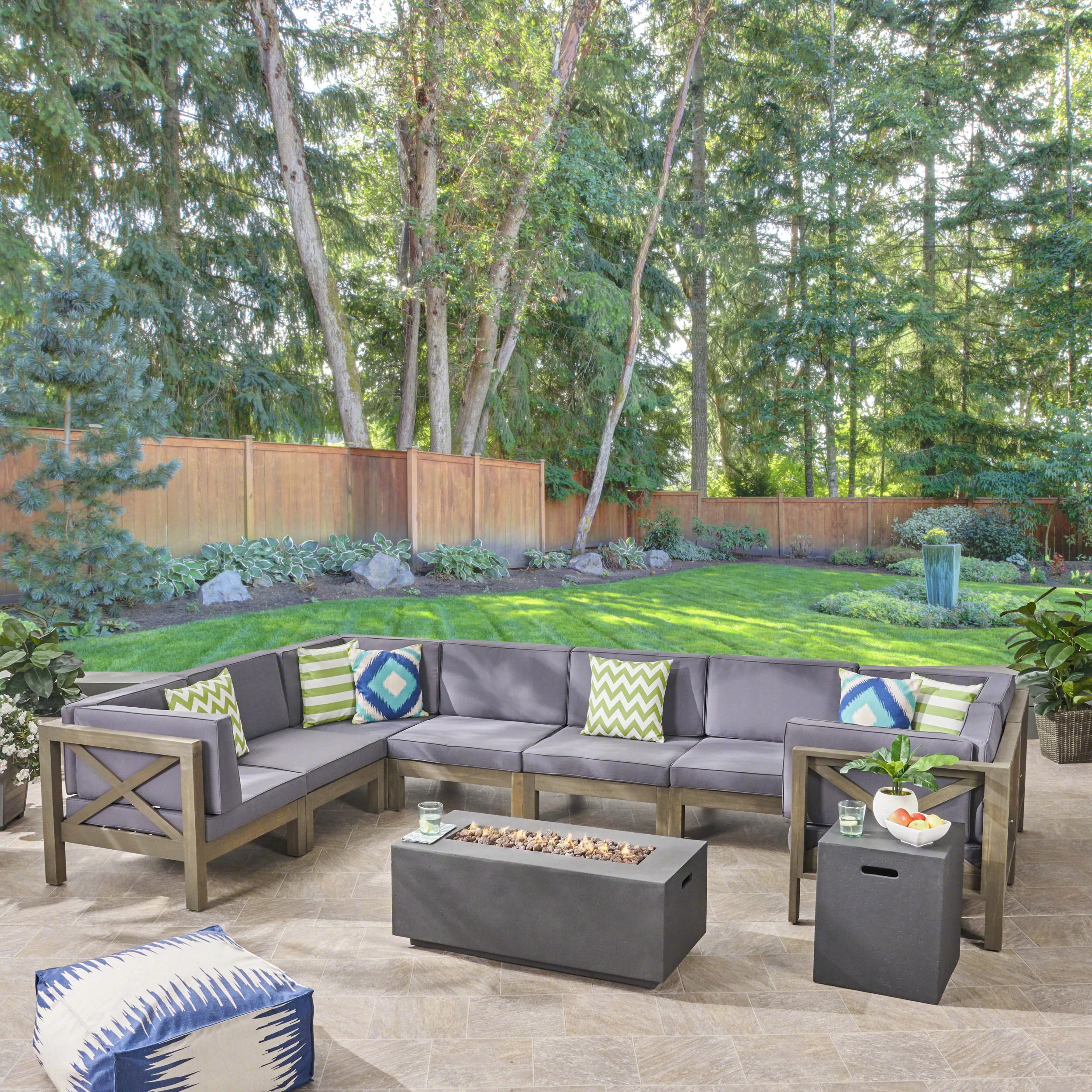 Cynthia Outdoor Acacia Wood 8 Seater U-Shaped Sectional Sofa Set with Fire Pit - furnishings