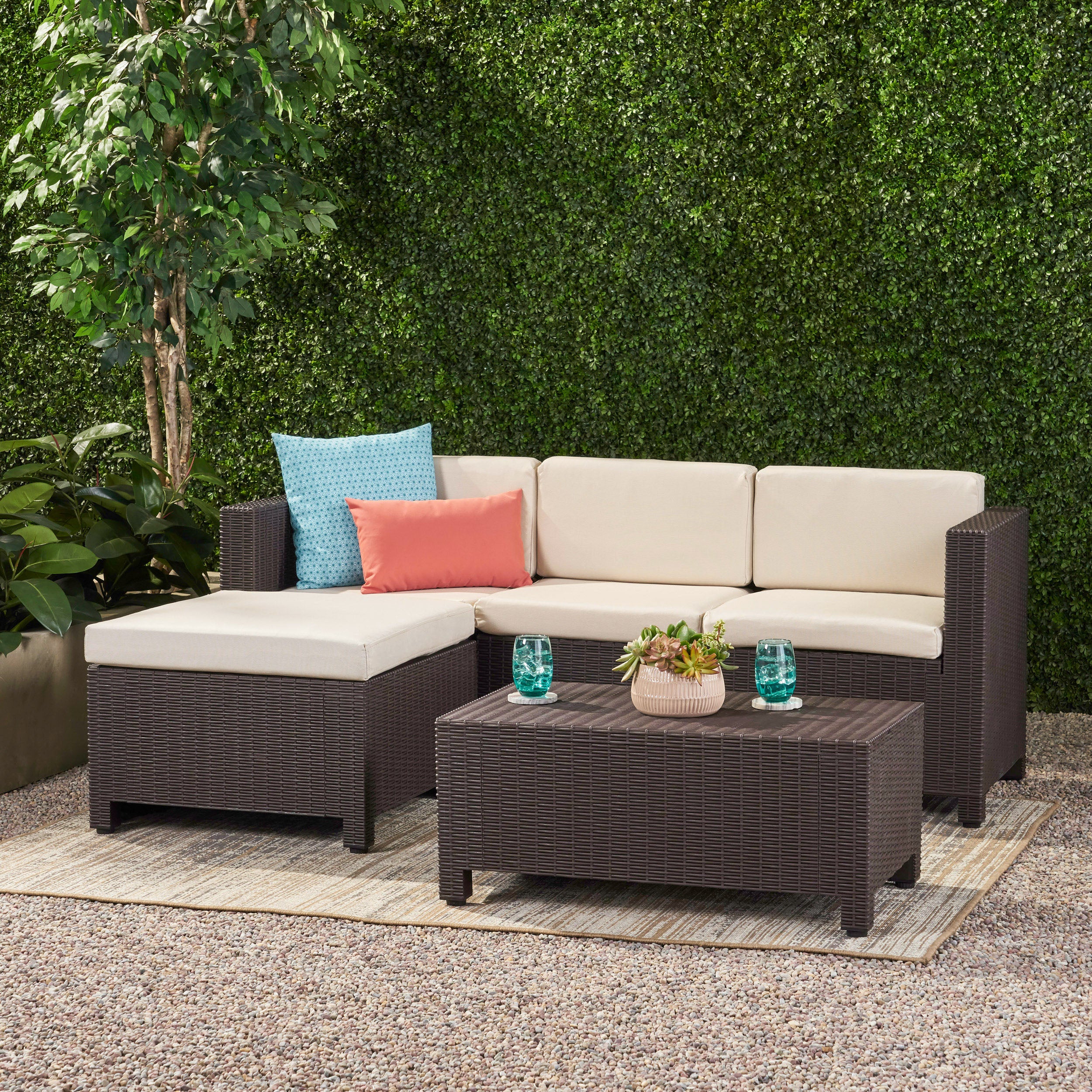 Russel Outdoor Injection Molded Small Space 3 Seater L Shaped Sectional, Dark Brown and Beige - furnishings