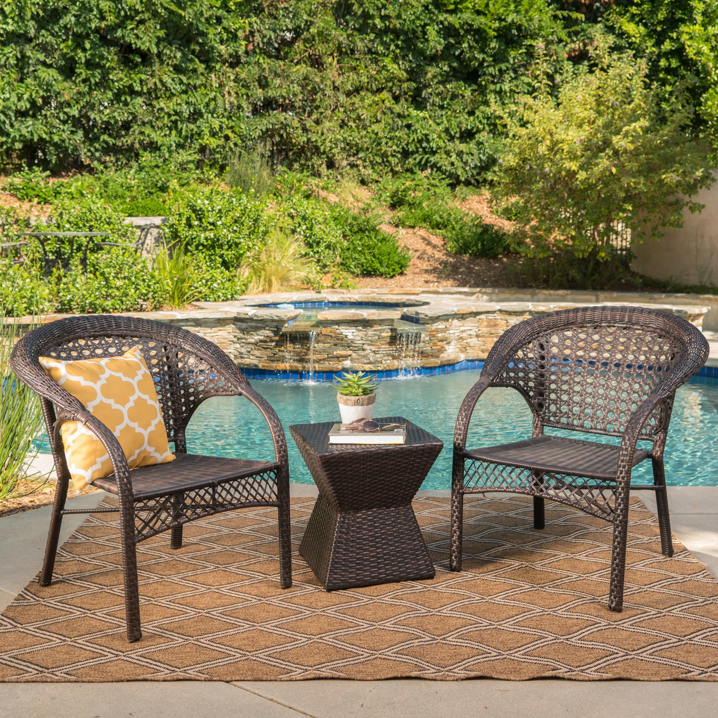 Mason Outdoor 3 Piece Multi-Brown Wicker Chat Set with Stacking Chairs - furnishings