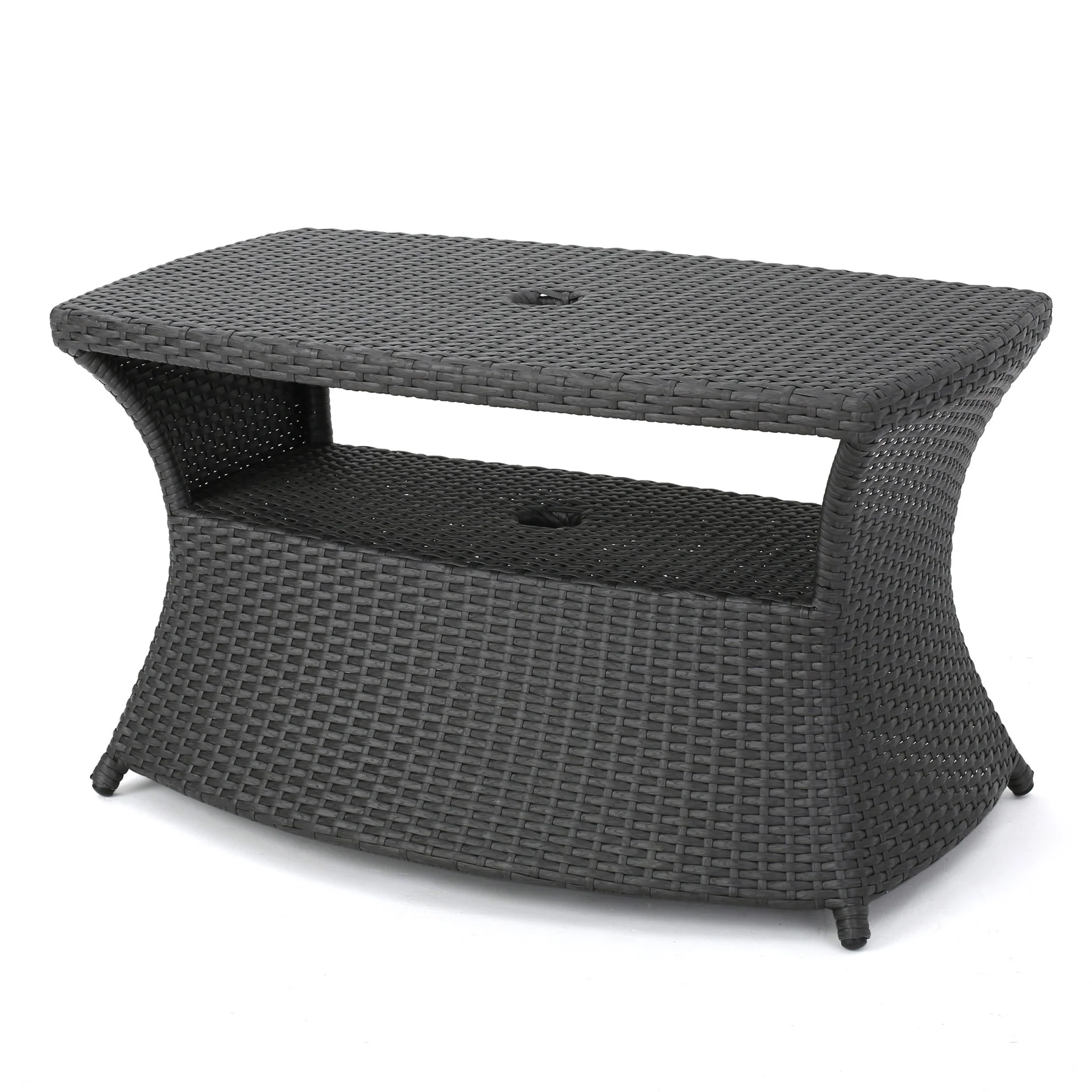 Banta Outdoor Modern Wicker Shelf Side Table with Umbrella Hole - furnishings