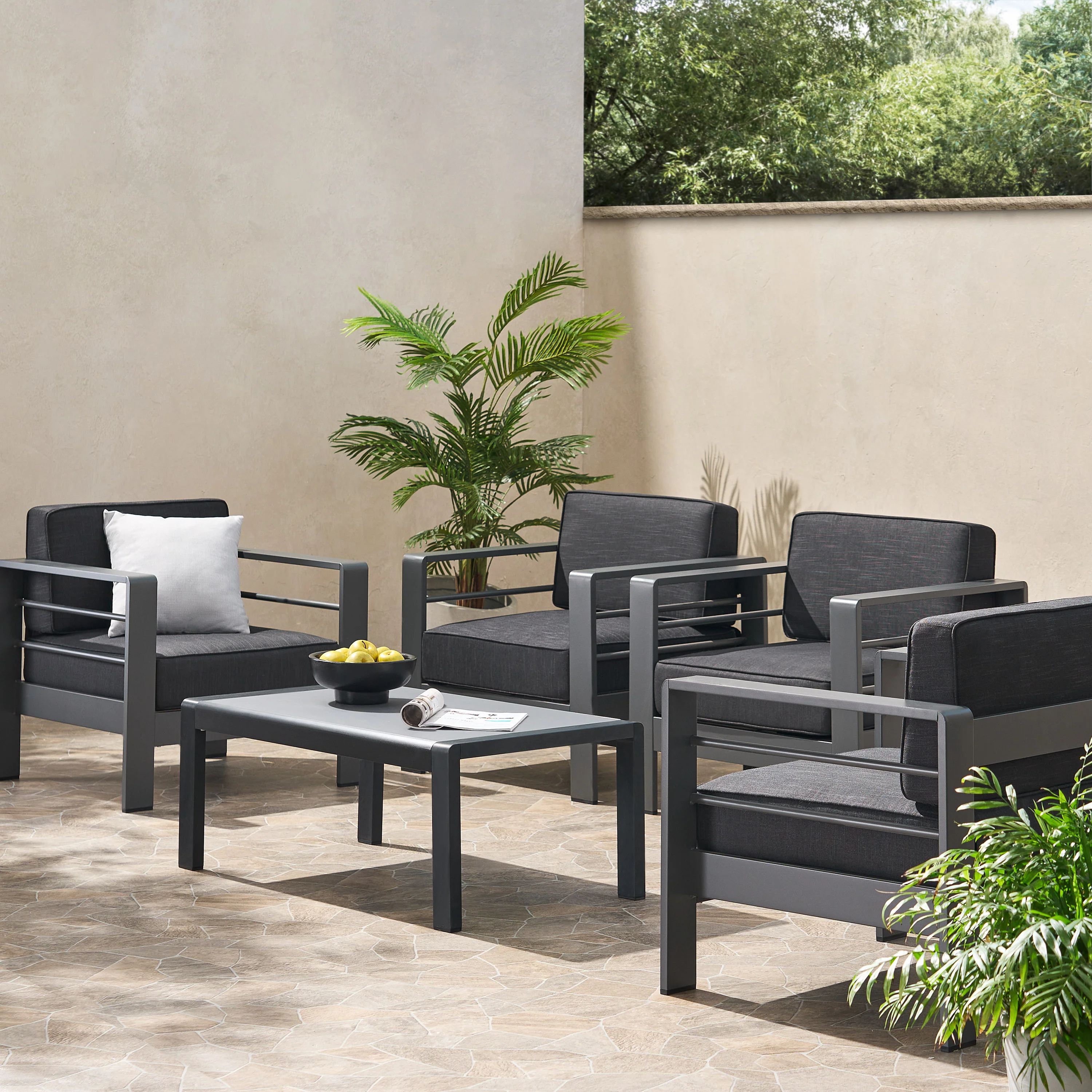 Crested Bay Outdoor Gray Aluminum 5 Piece Club Chair Chat Set - furnishings