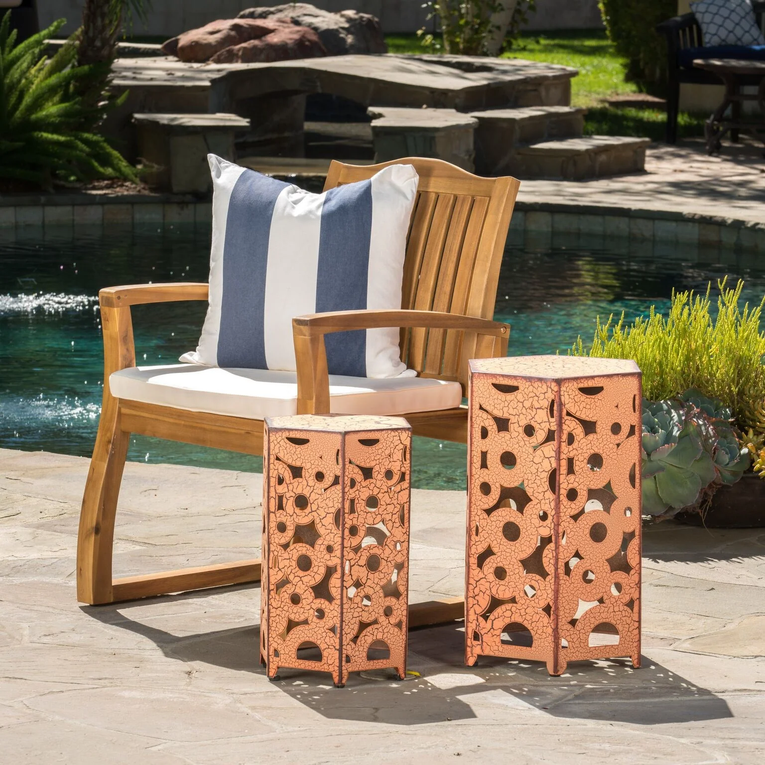 Contemporary Outdoor Hexagonal Antique Iron Accent Tables (Set of 2) - furnishings