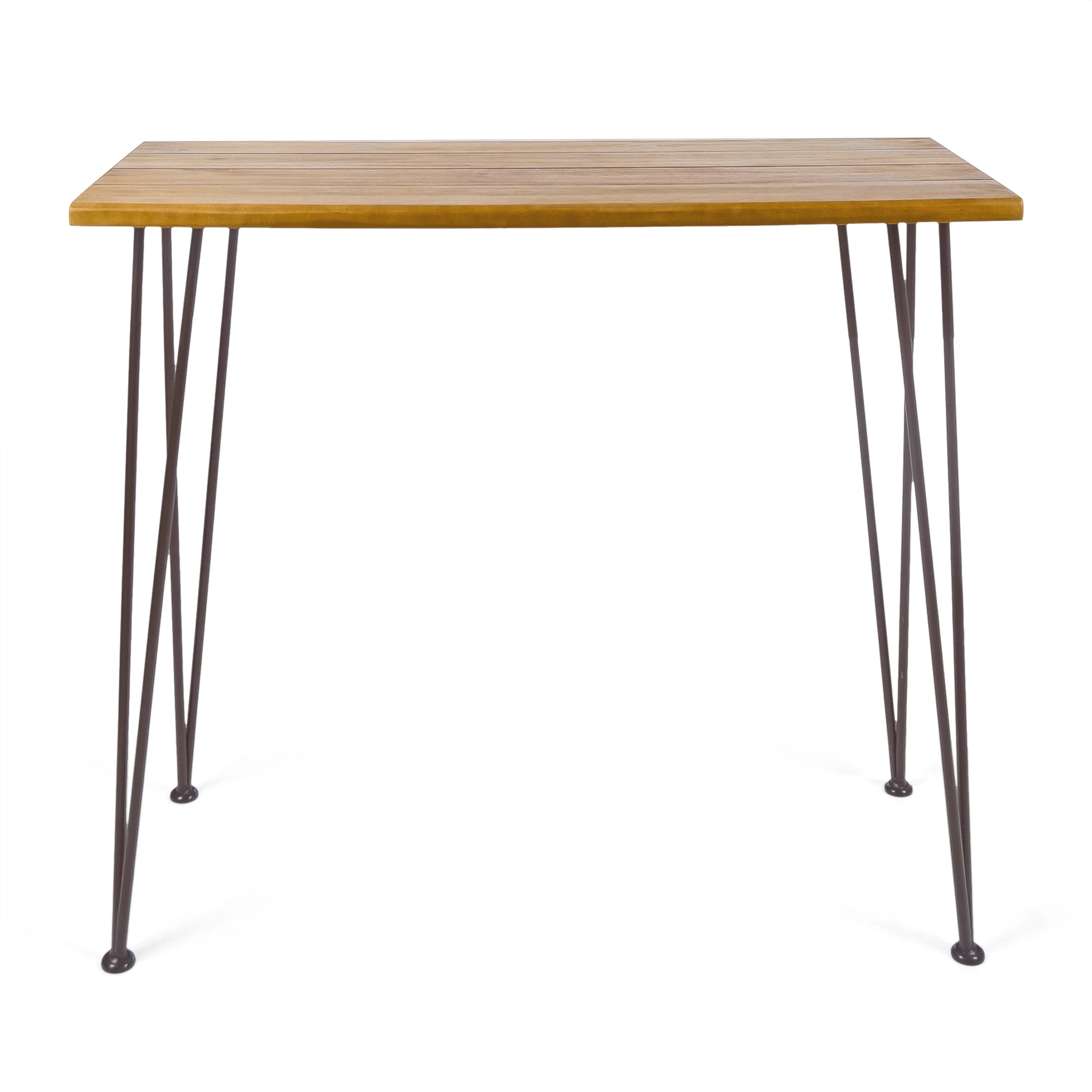 Avy Outdoor Rustic Industrial Acacia Wood Bar Table with Metal Hairpin Legs, Teak - furnishings