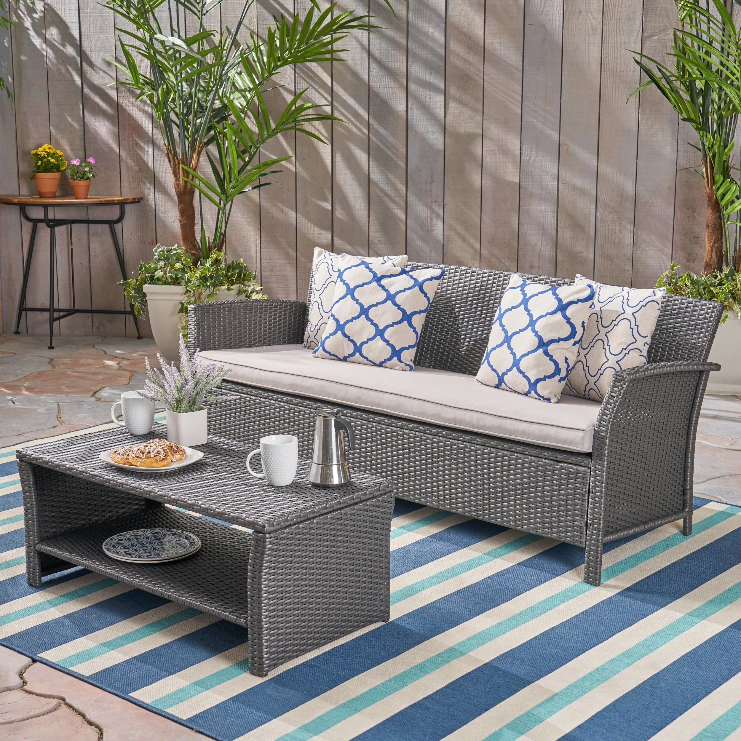 Laiah Outdoor Wicker 3-Seater Sofa with Coffee Table - furnishings