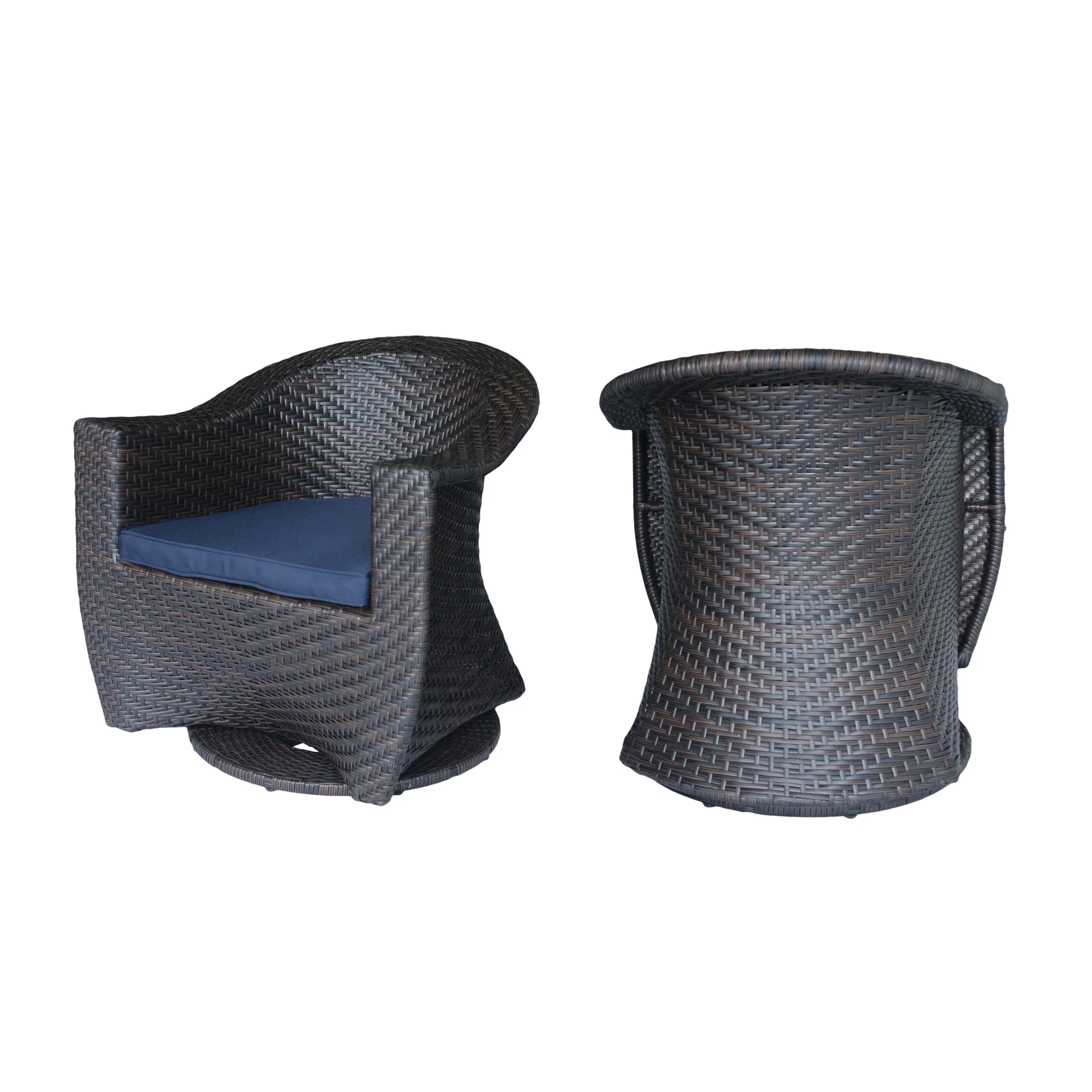 Florence Patio Swivel Chairs, Wicker with Outdoor Cushions, Multi-Brown and Navy Blue - furnishings