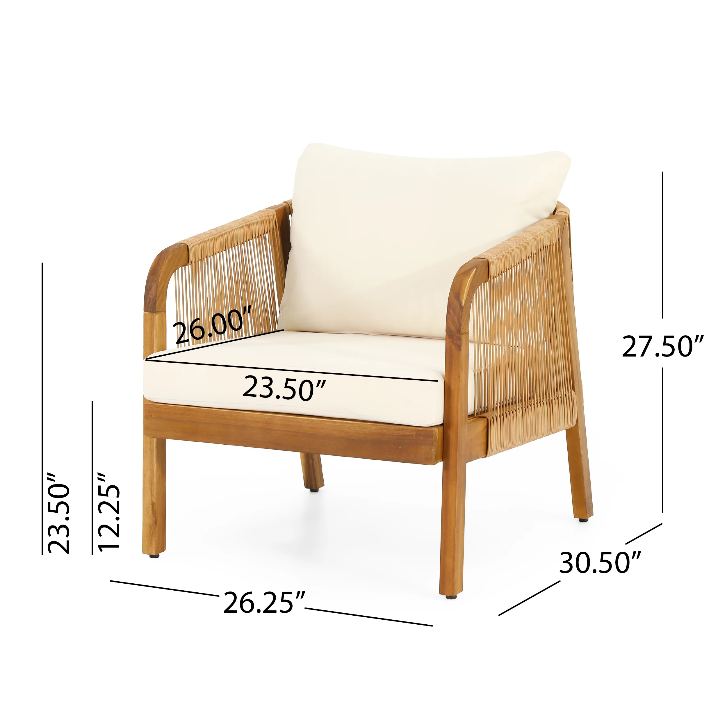 Allerton Outdoor Acacia Wood and Wicker Club Chair with Cushions, Teak, Light Brown, and Beige - furnishings