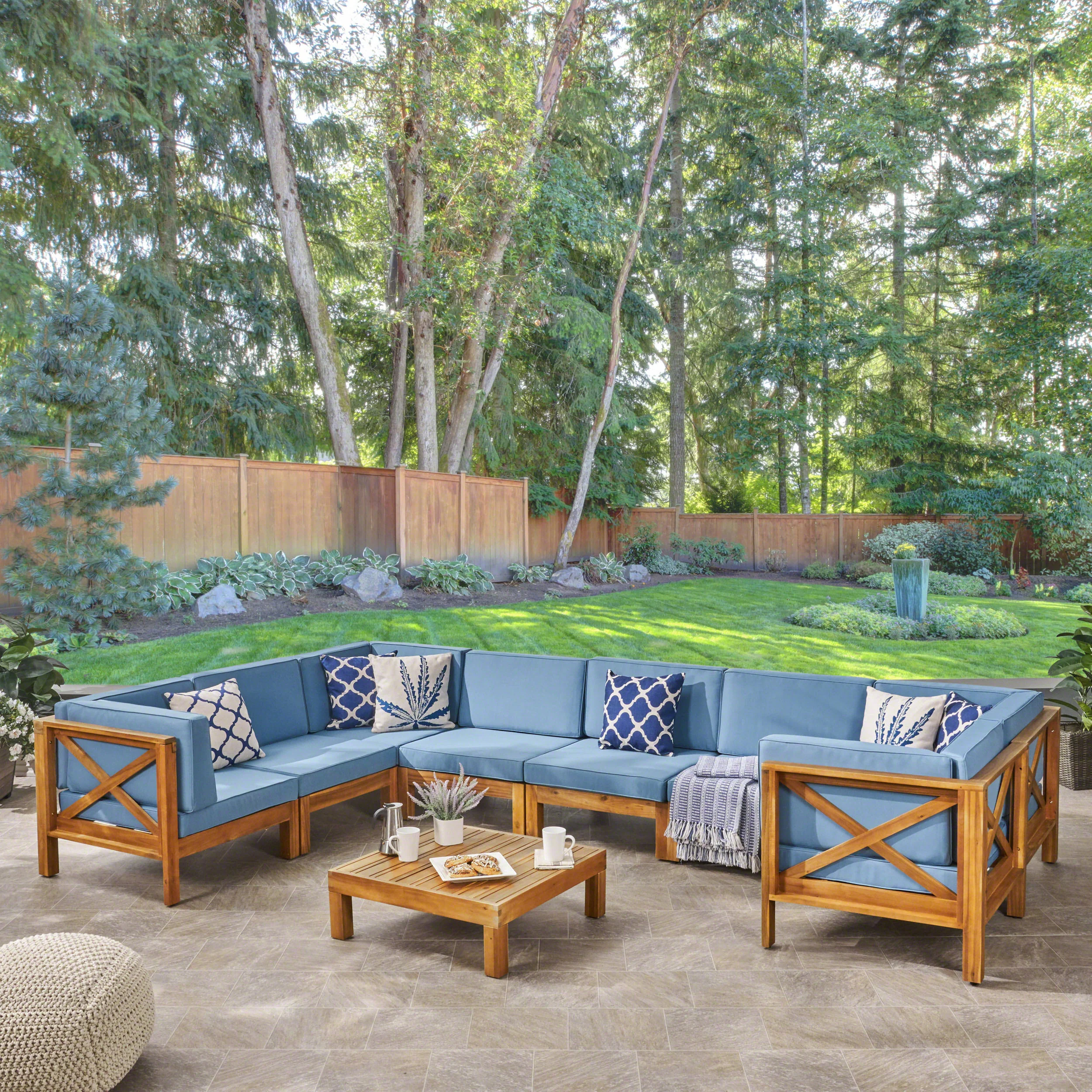 Brava Outdoor 8-Seater Acacia Wood Sectional Sofa Set with Coffee Table - furnishings