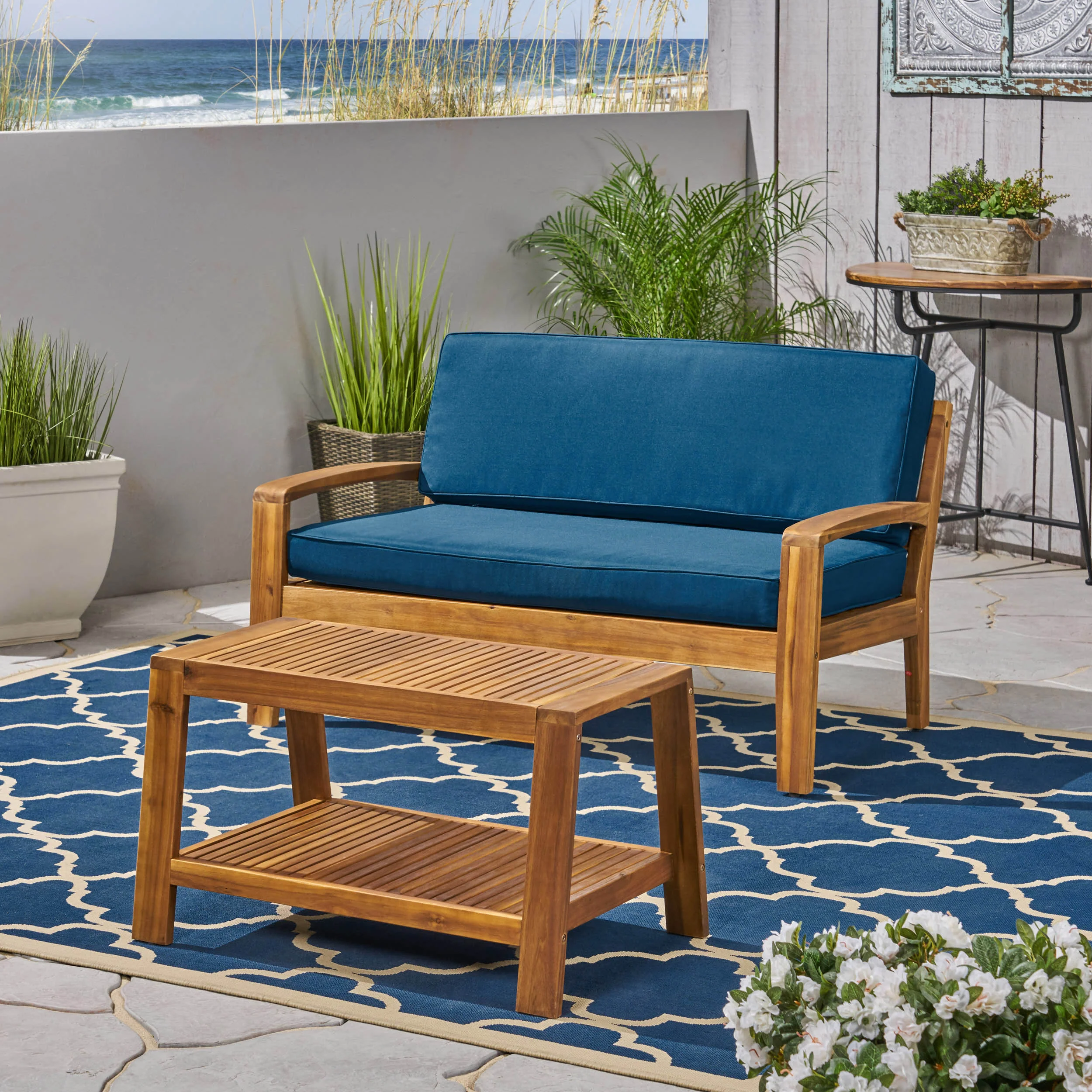 Parma Outdoor Acacia Wood Loveseat and Coffee Table Set with Cushions - furnishings