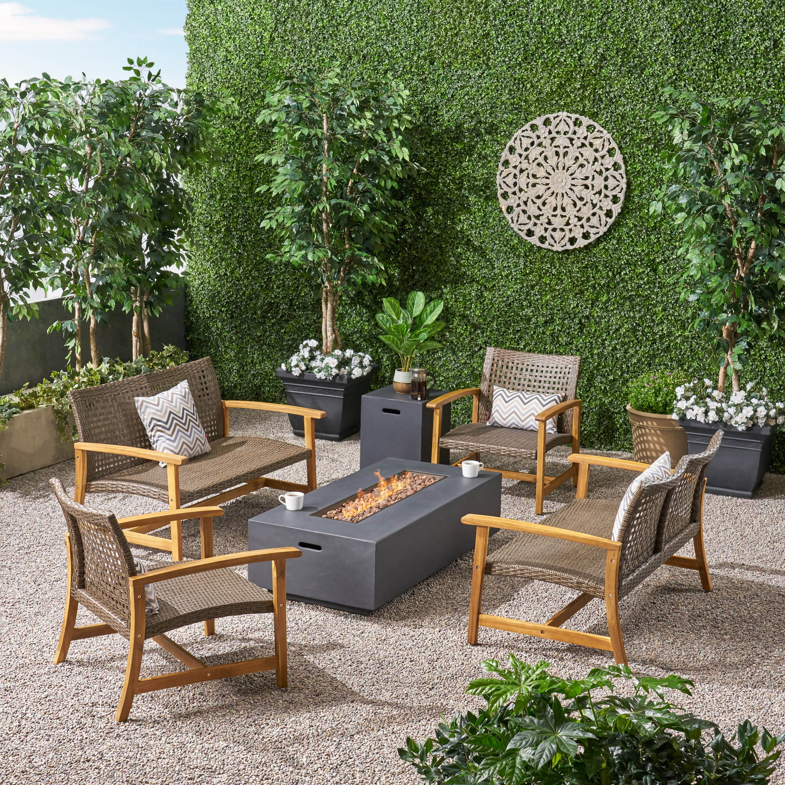 Tabby Outdoor 6 Piece Wood and Wicker Chat Set with Fire Pit - furnishings