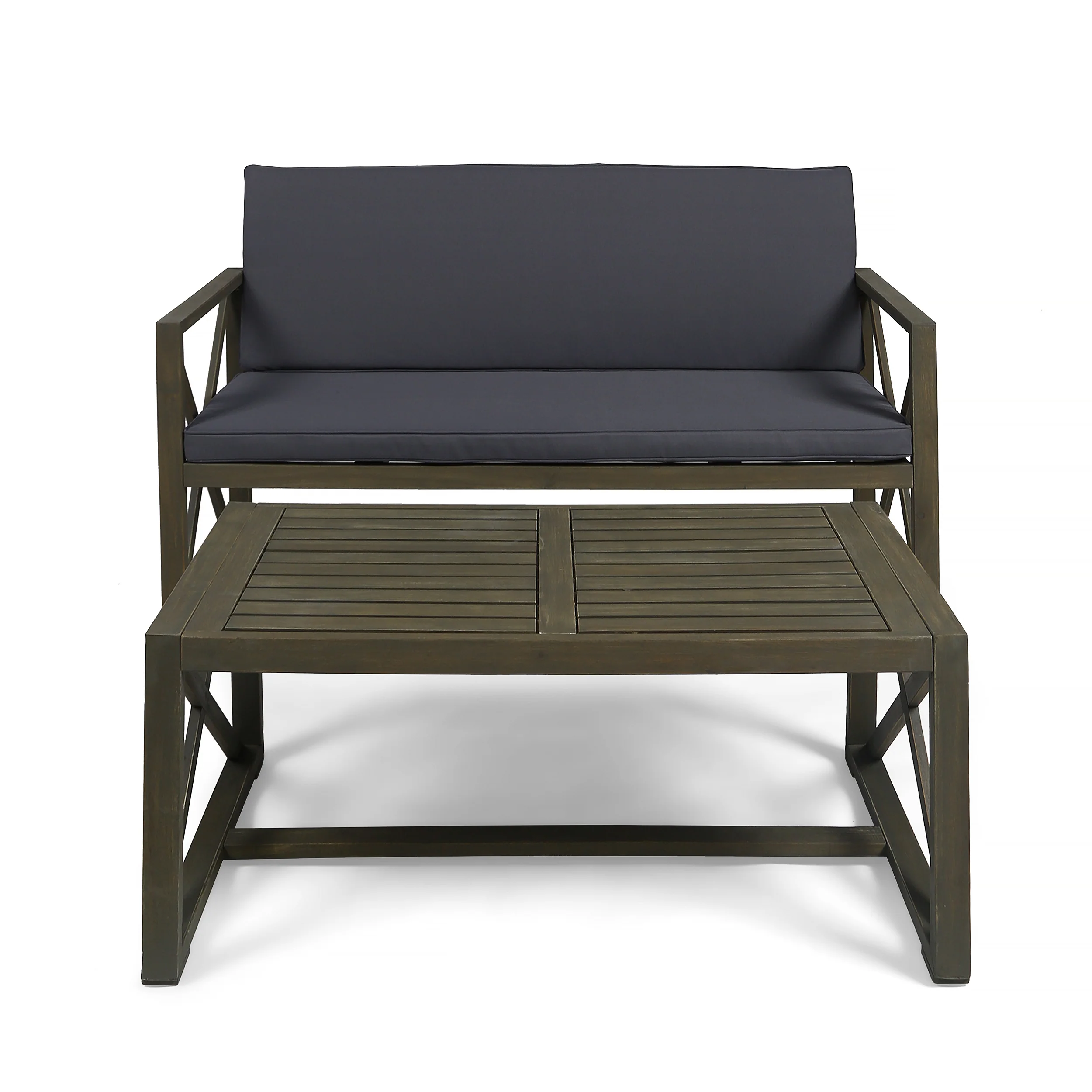 Hazel Outdoor Acacia Wood Loveseat with Coffee Table Set with Cushions - furnishings