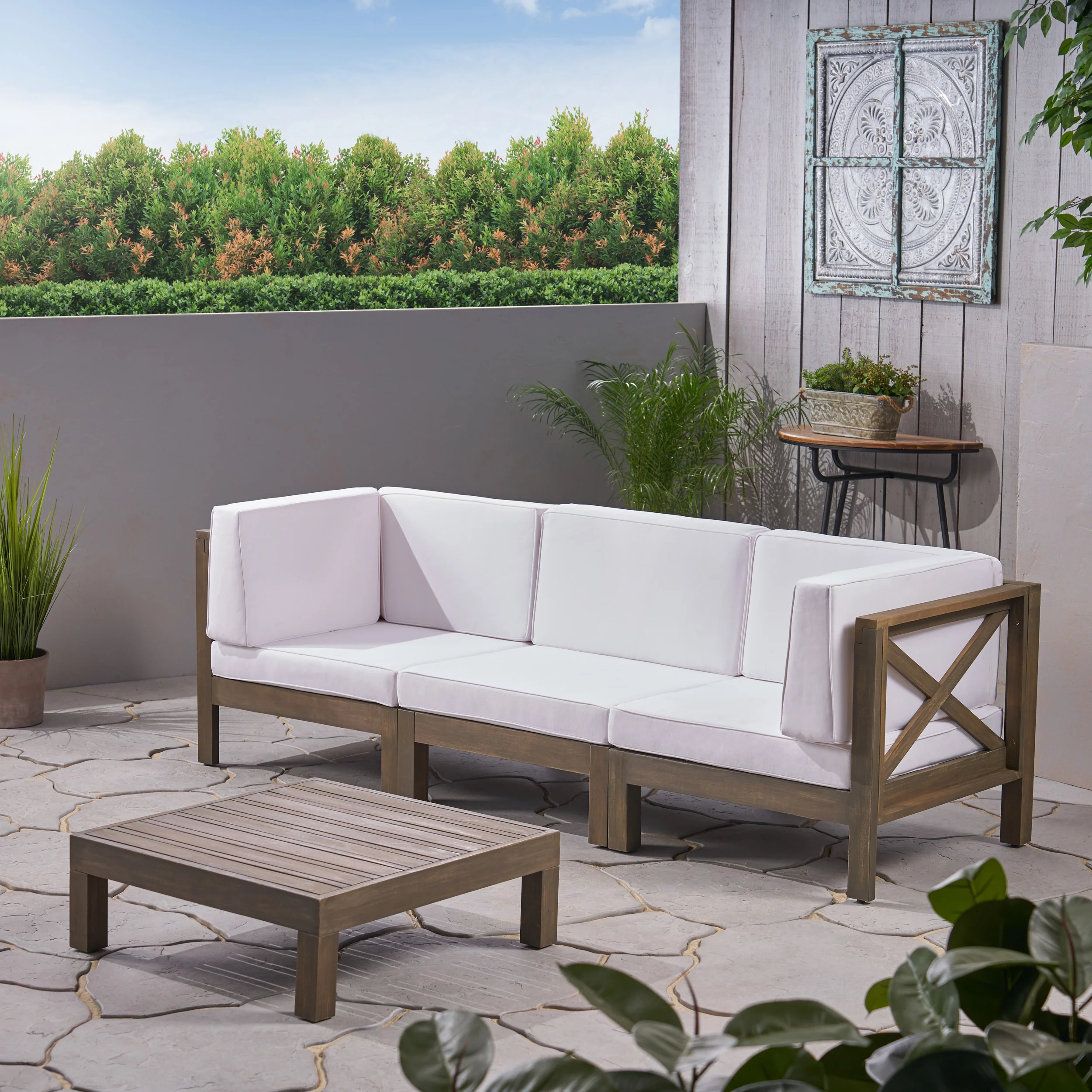 Keith Outdoor Sectional Sofa Set with Coffee Table  3-Seater  Acacia Wood  Water-Resistant Cushions - furnishings