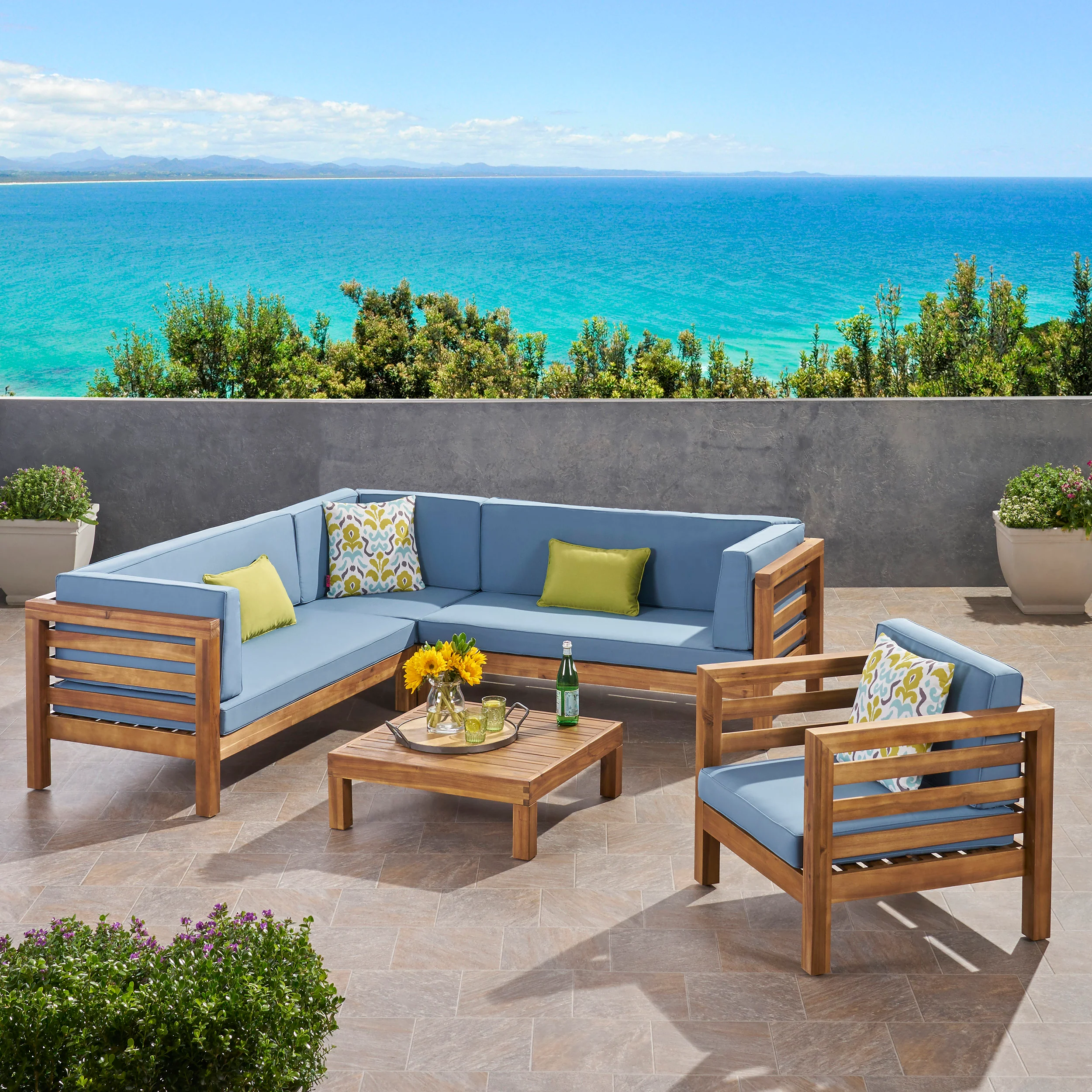 Emma Outdoor 6 Seater Acacia Wood Sectional Sofa and Club Chair Set - furnishings