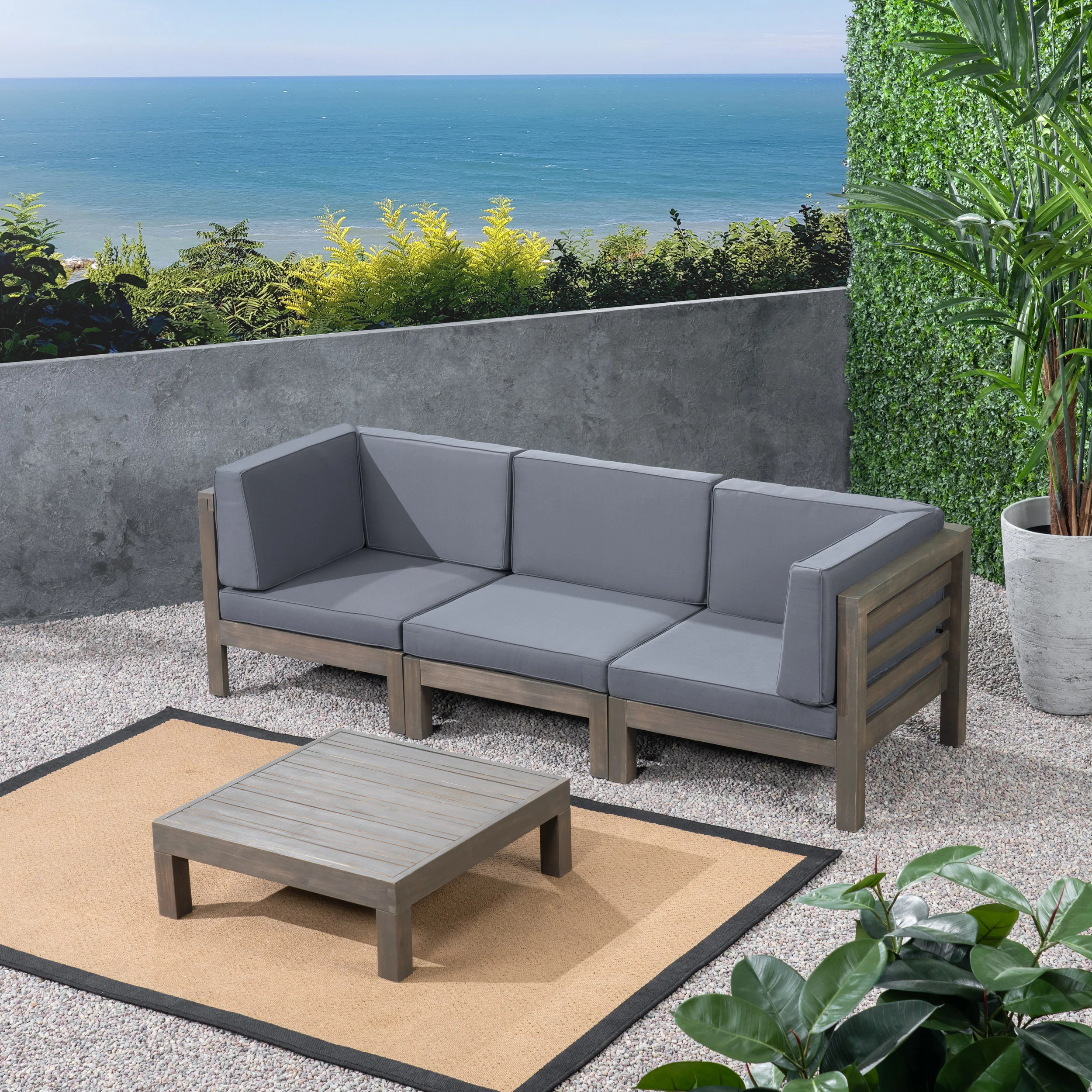 Dawson Outdoor Sectional Sofa Set with Coffee Table - 4-Piece 3-Seater - Acacia Wood - Outdoor Cushions - furnishings