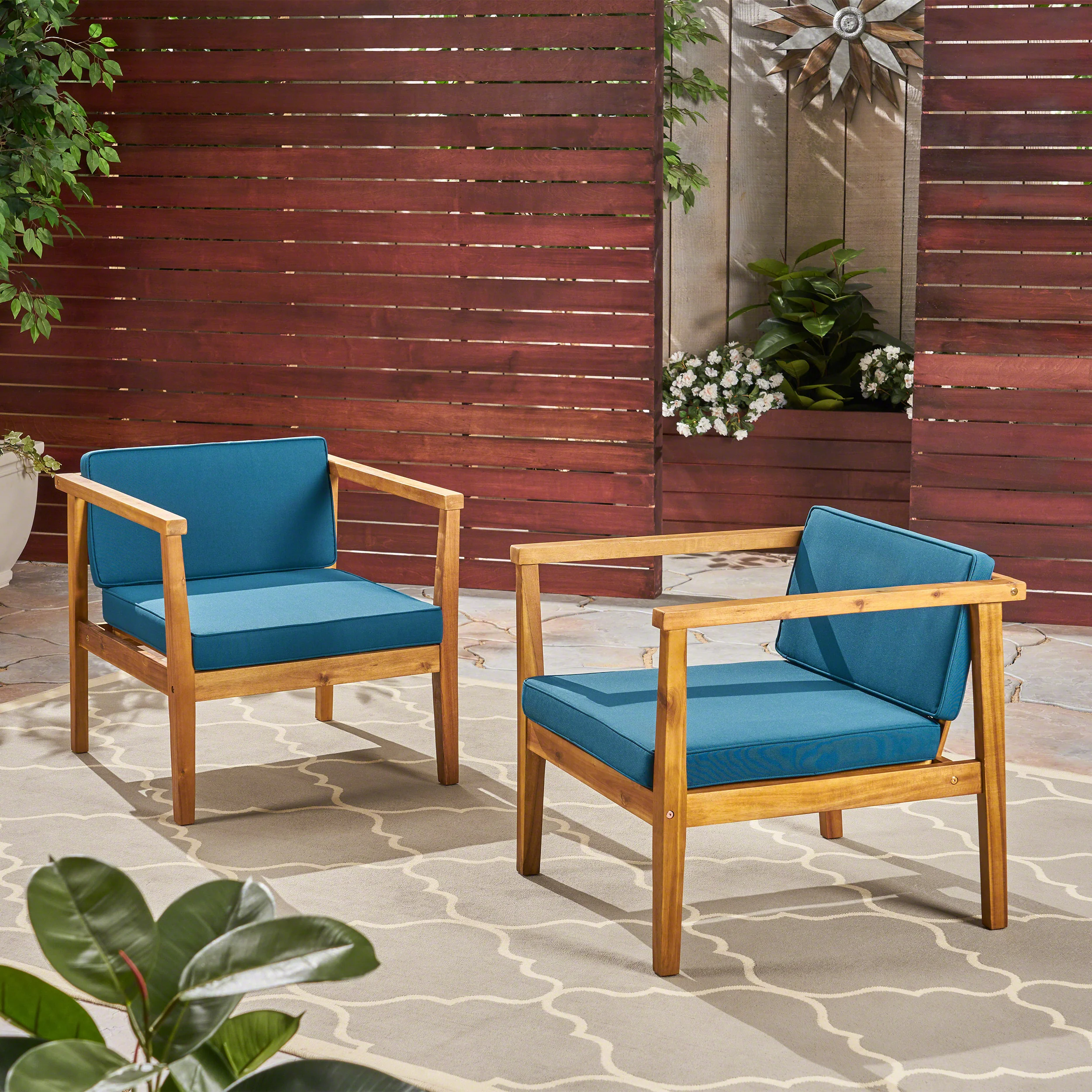 Thomson Outdoor Acacia Wood Club Chairs with Water-Resistant Cushions (Set of 2) - furnishings