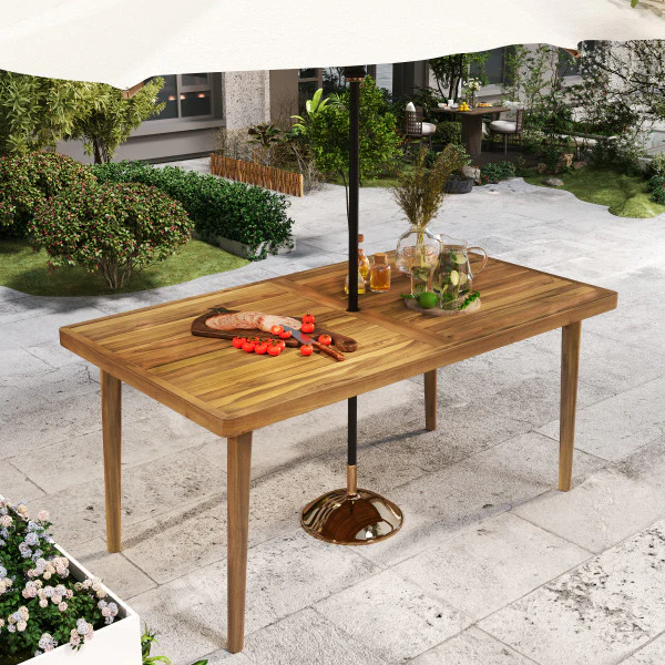 Janlish Modern Outdoor Patio Acacia Wood Dining Table with Umbrella Hole - furnishings