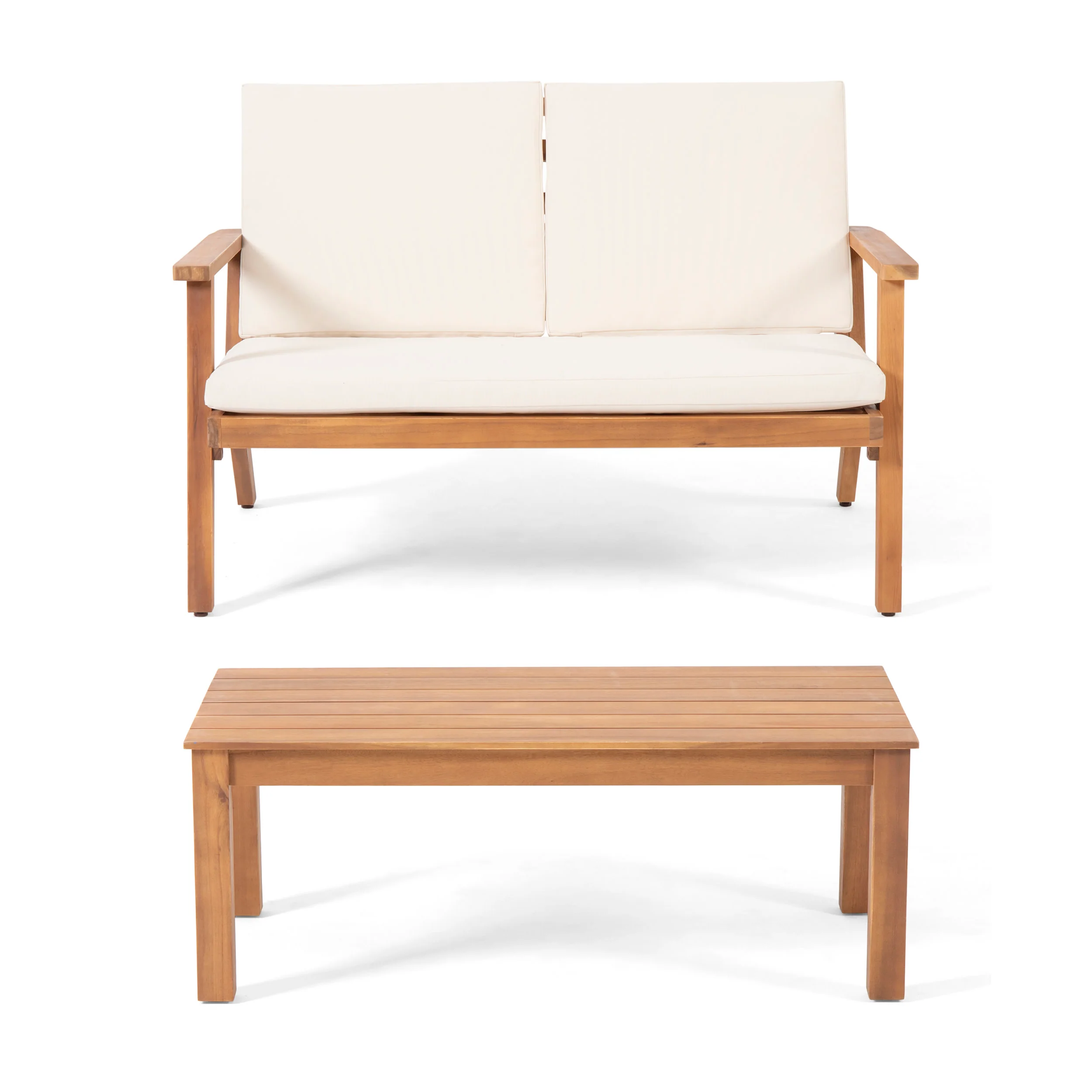 Avacyn Outdoor Acacia Wood Loveseat and Coffee Table Set with Cushions, Brown Patina, Cream - furnishings