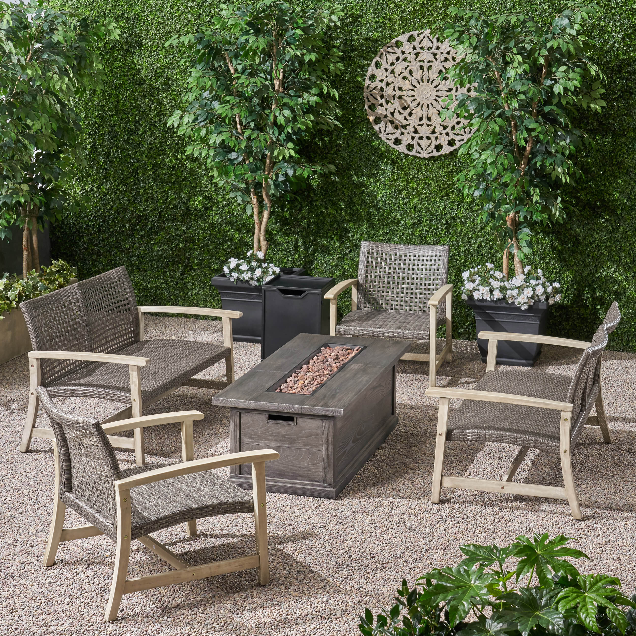 Rachel Outdoor 6 Piece Wood and Wicker Chat Set with Fire Pit - furnishings