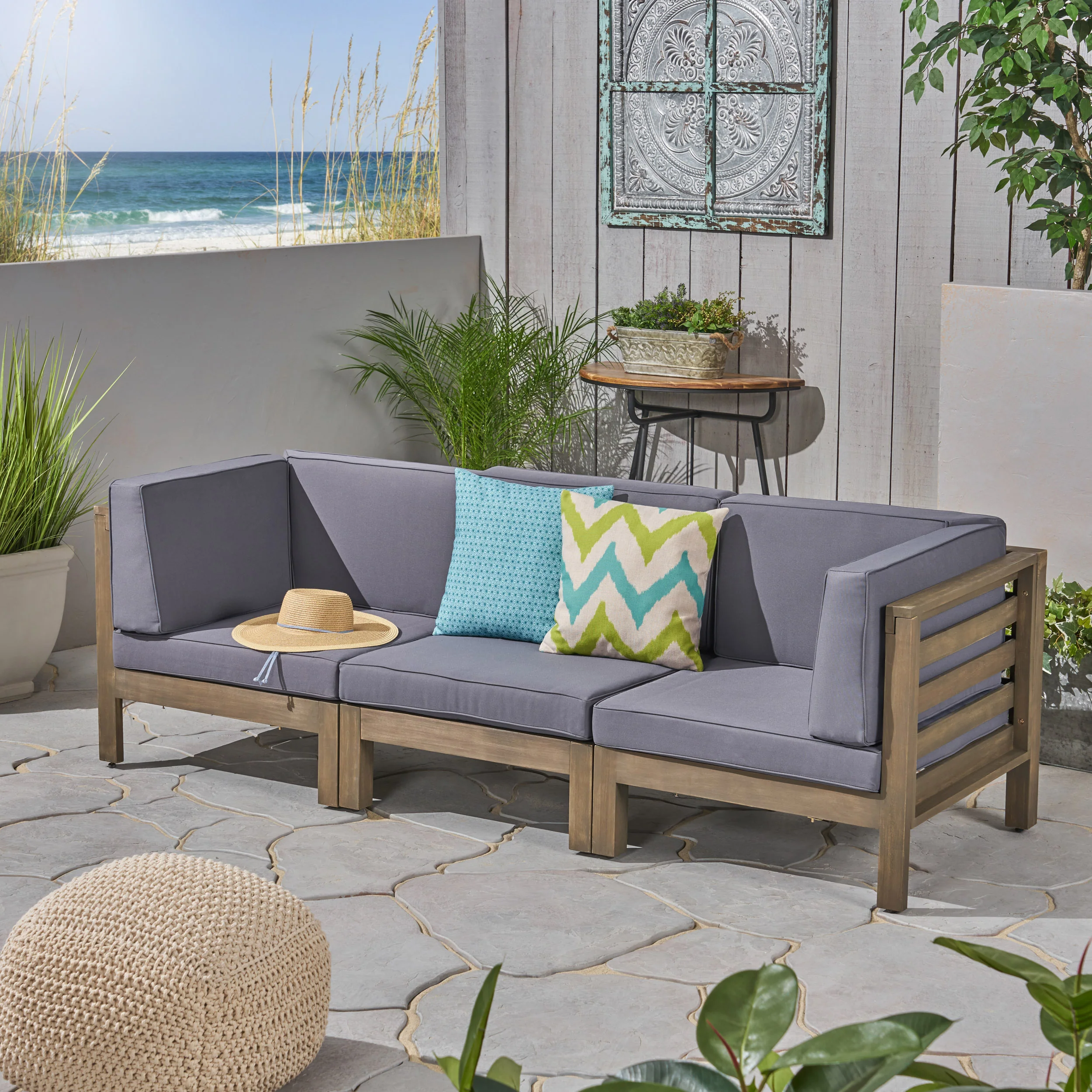 Dawson Outdoor Sectional Sofa Set - 3-Seater - Acacia Wood - Outdoor Cushions - furnishings