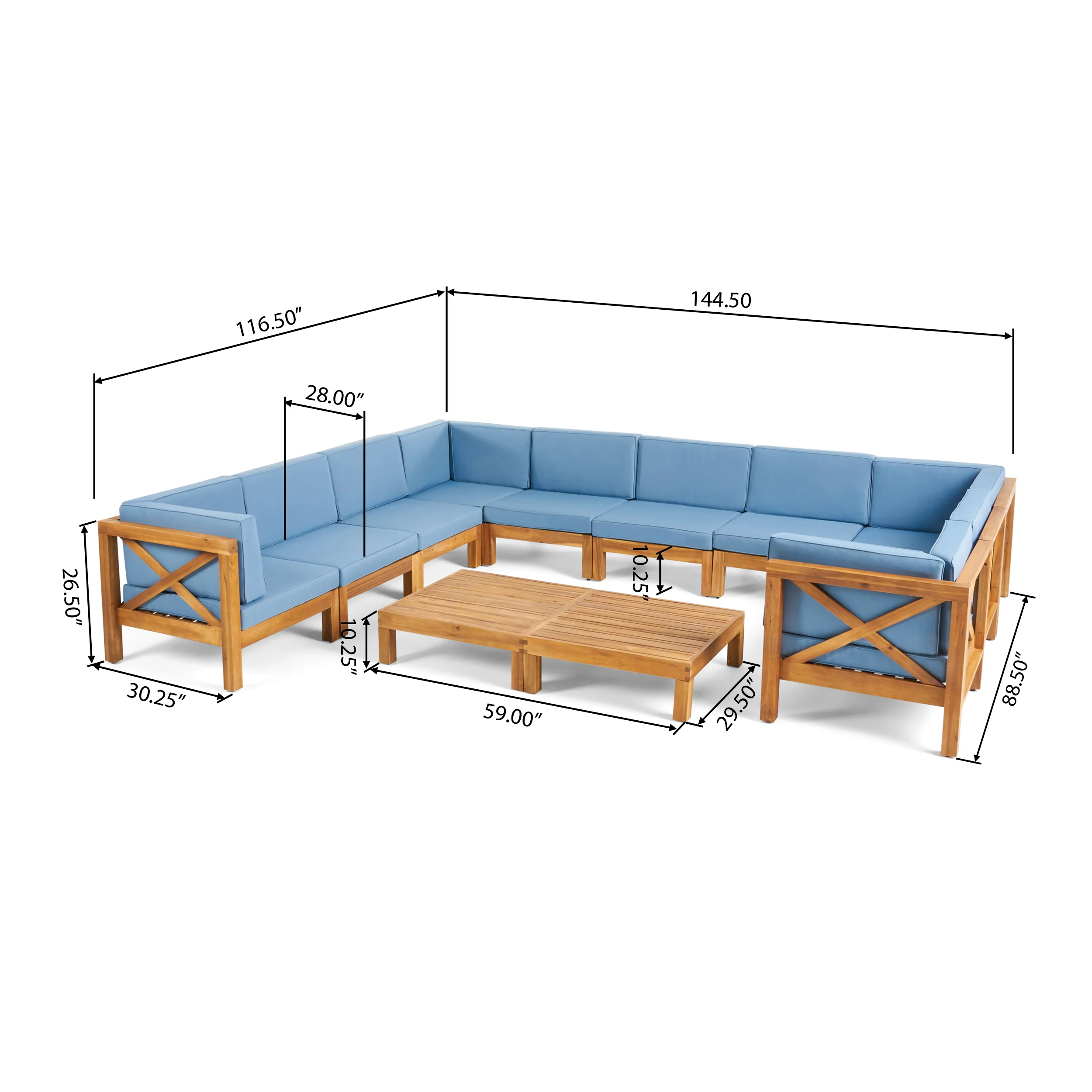 Cynthia Outdoor Acacia Wood 12-Piece U-Shaped Sectional Sofa Set with Two Coffee Tables - furnishings
