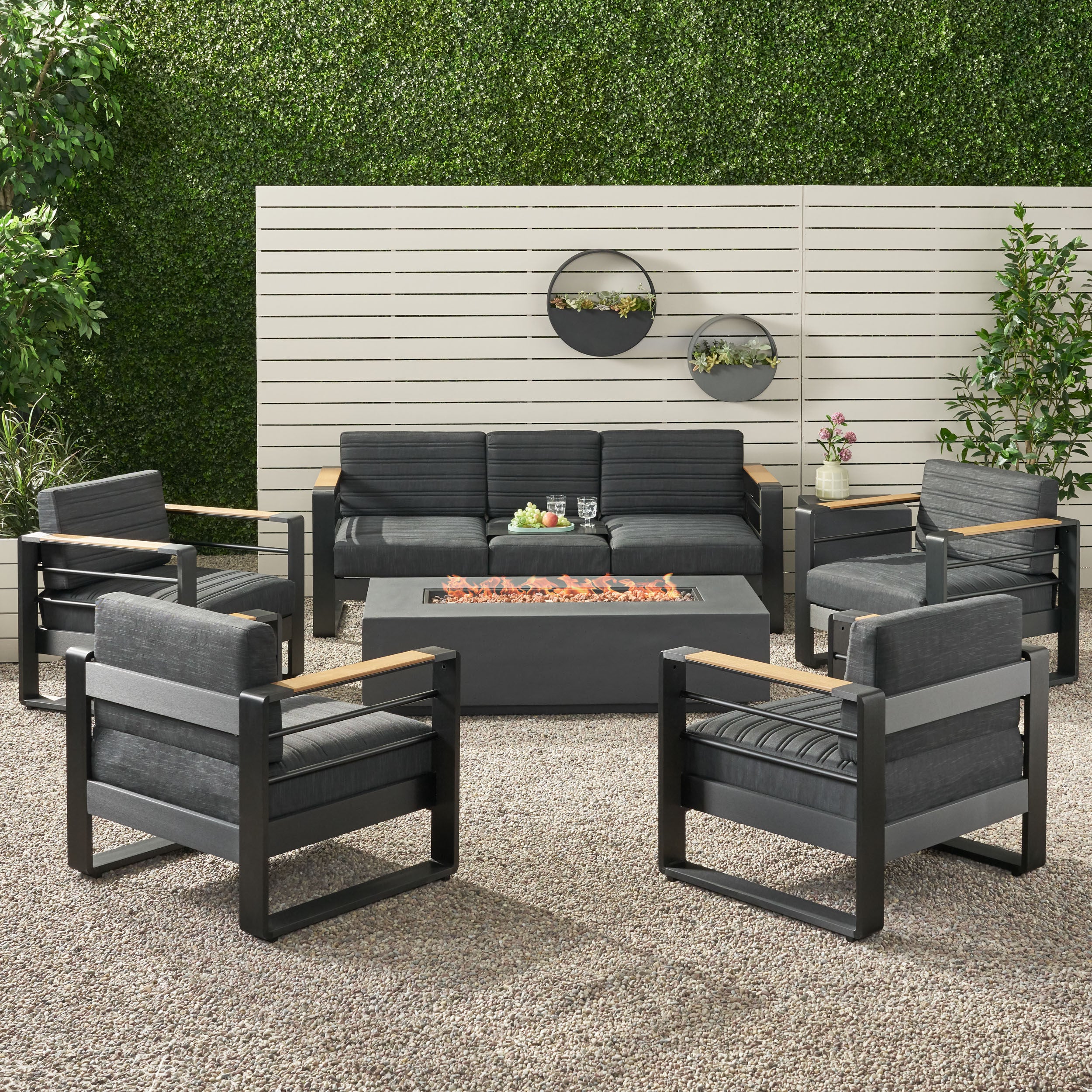 Neffs Outdoor Aluminum 7 Seater Chat Set with Fire Pit, Black, Natural, and Dark Gray - furnishings