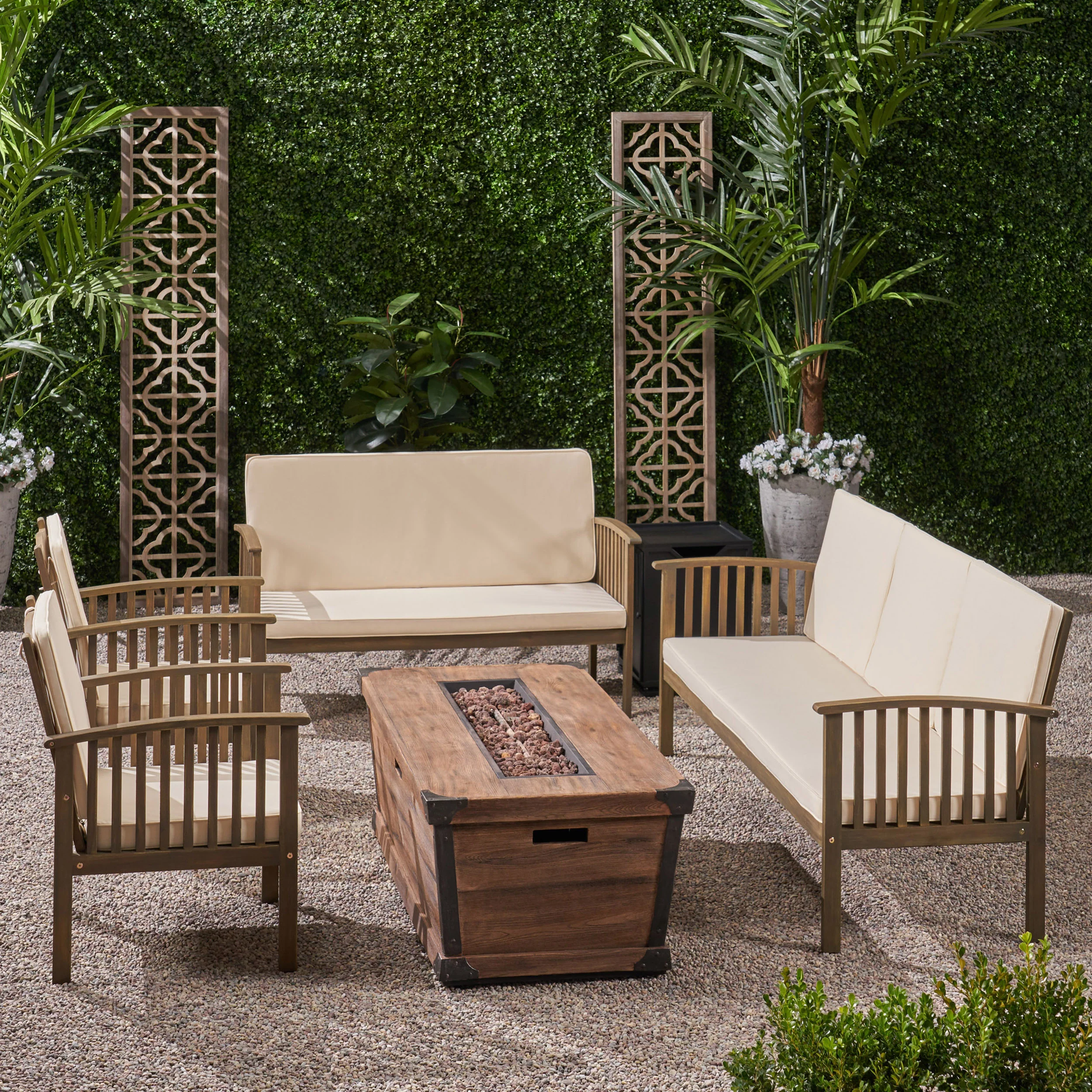Beckley Outdoor 4 Piece Acacia Wood Conversational Set with Cushions and Fire Pit - furnishings