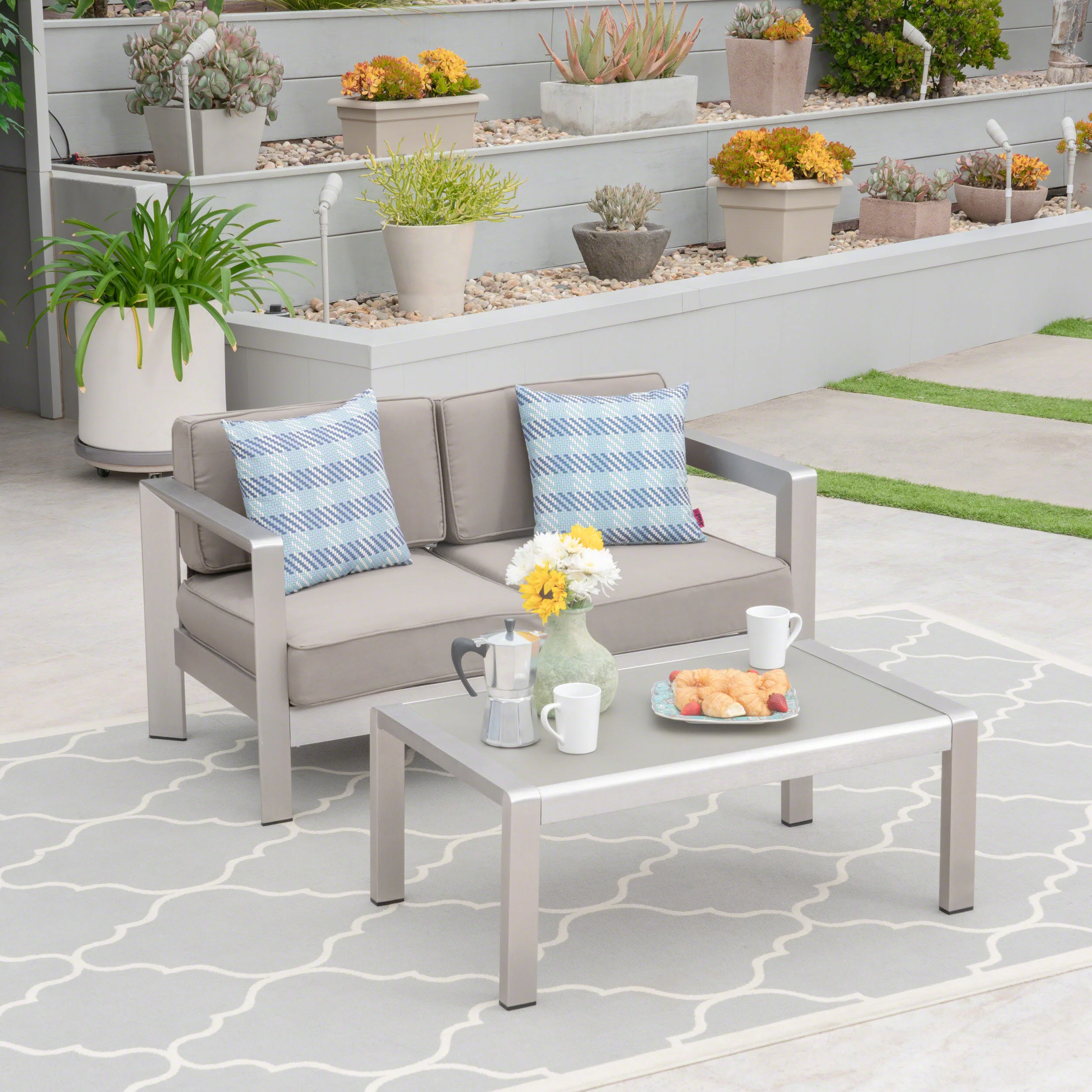 Booth Outdoor Aluminum Loveseat and Tempered Glass-Topped Coffee Table - furnishings