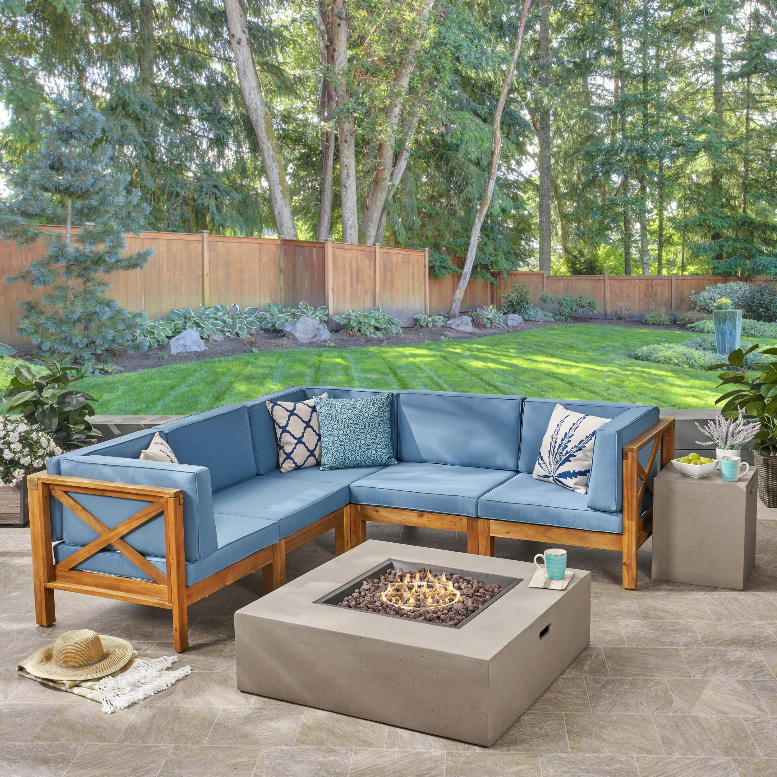 Cynthia Outdoor Acacia Wood 7-Piece Sectional Sofa Set with Fire Pit - furnishings