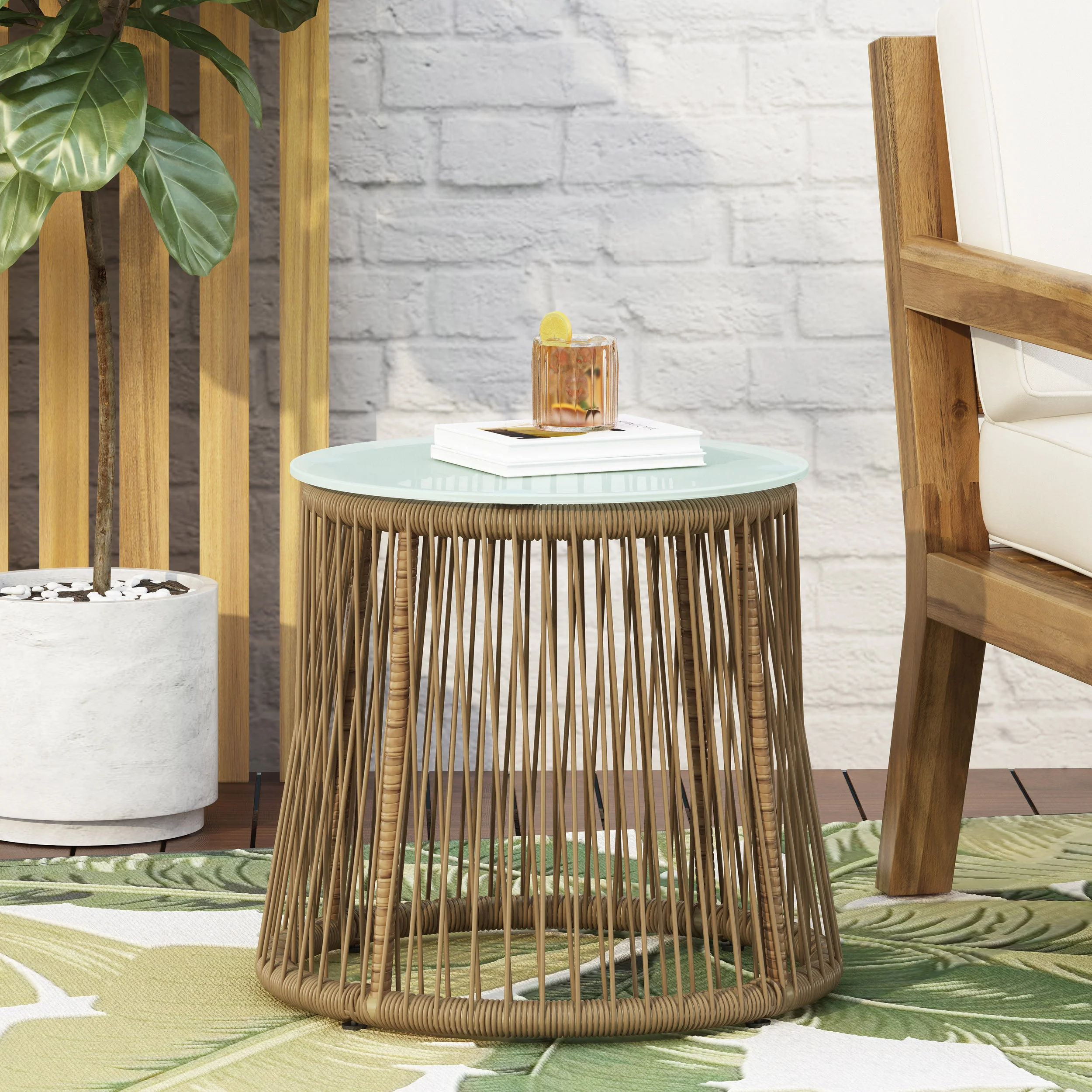 Helmville Outdoor Wicker Side Table with Glass Top, Light Brown - furnishings