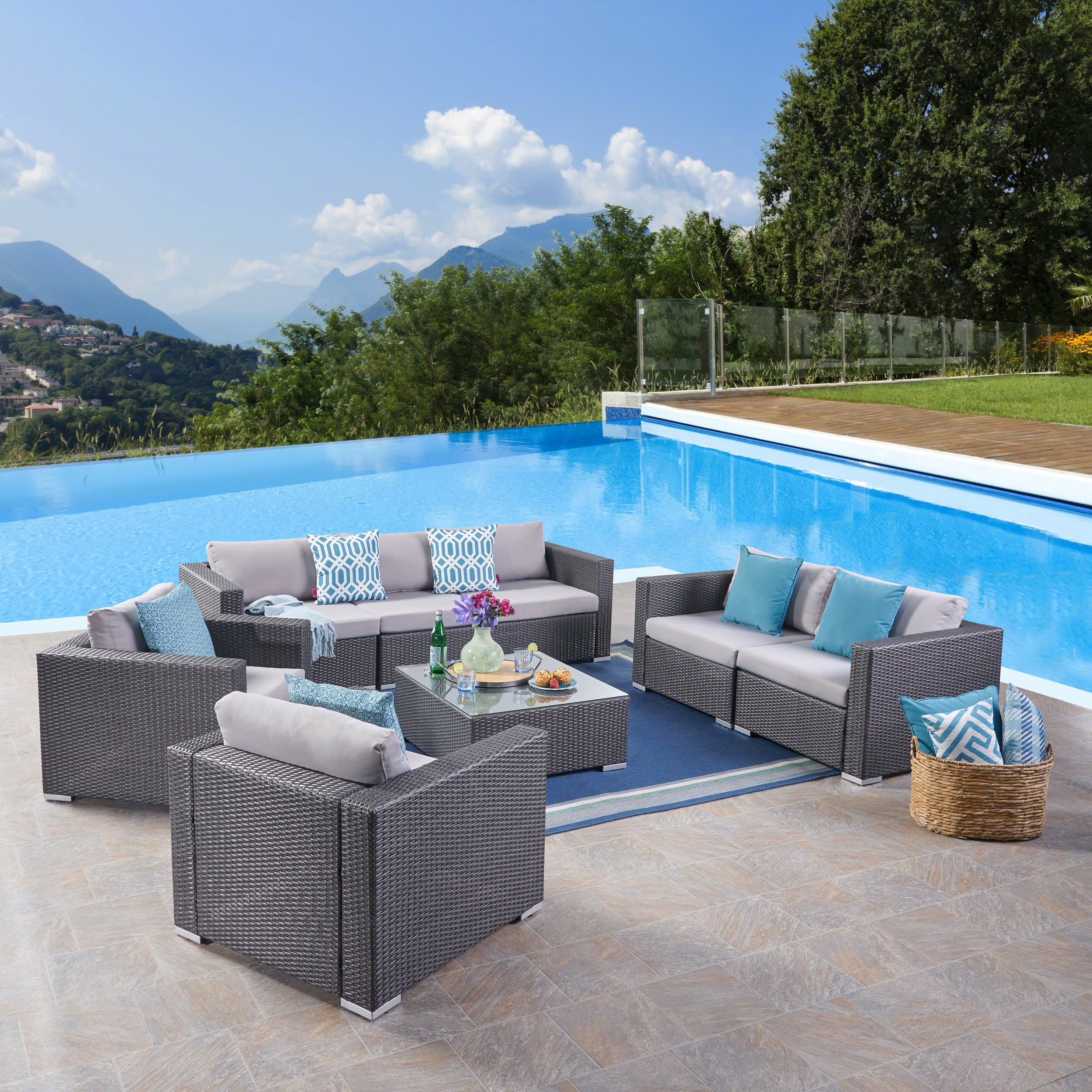 Samuel Outdoor 7 Seater Wicker Sofa Chat Set with Aluminum Frame and Cushions - furnishings