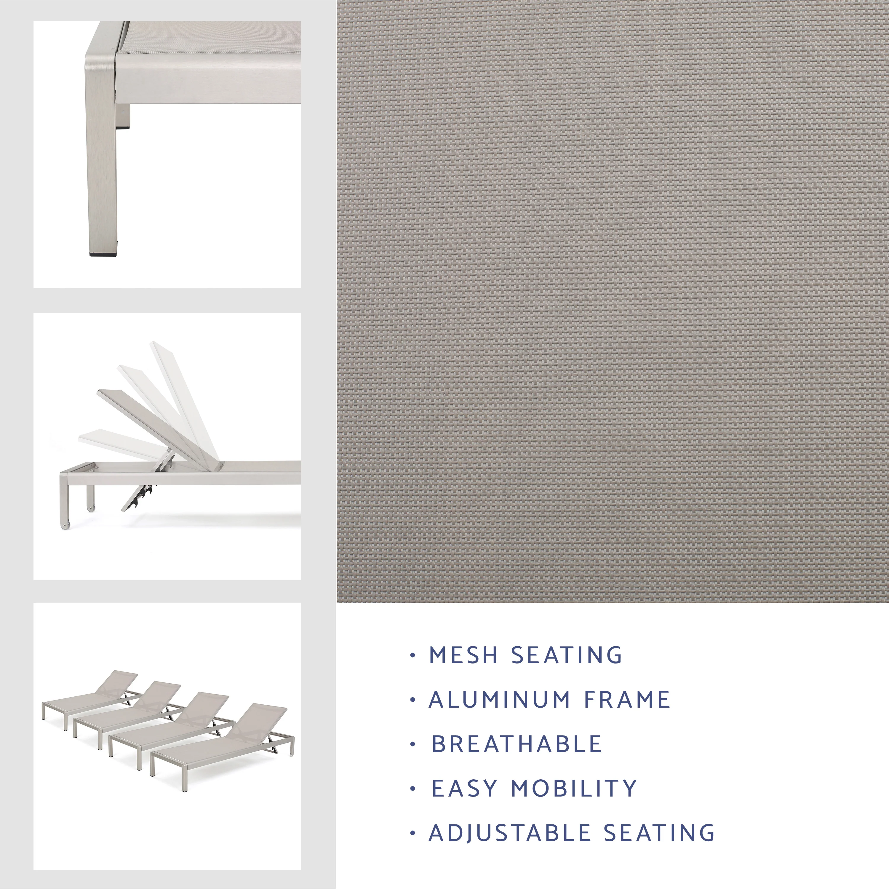 Cherie Modern Outdoor Gray Mesh Chaise Lounge with Wheels - furnishings