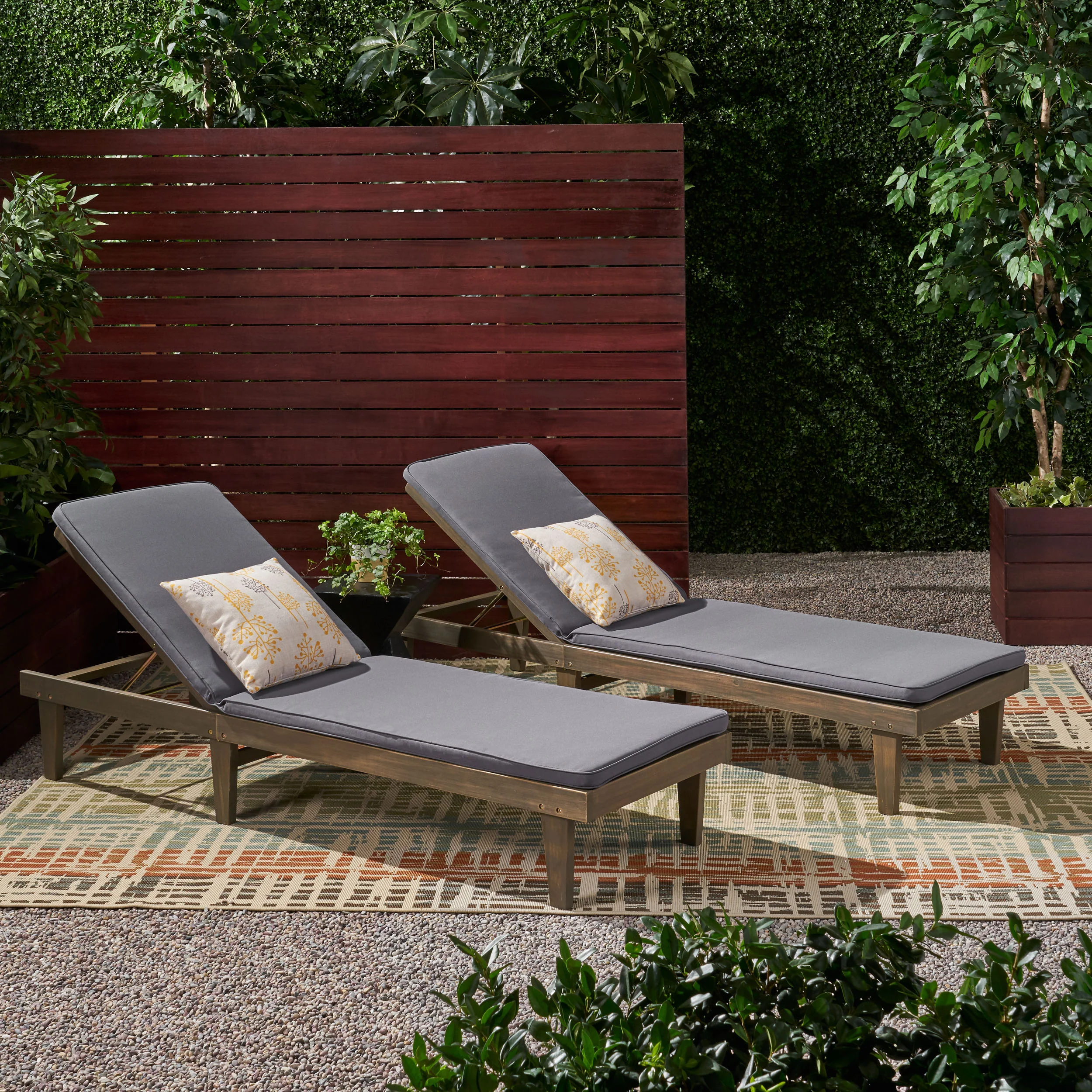 Nadine Outdoor Modern Acacia Wood Chaise Lounge with Cushion (Set of 2) - furnishings