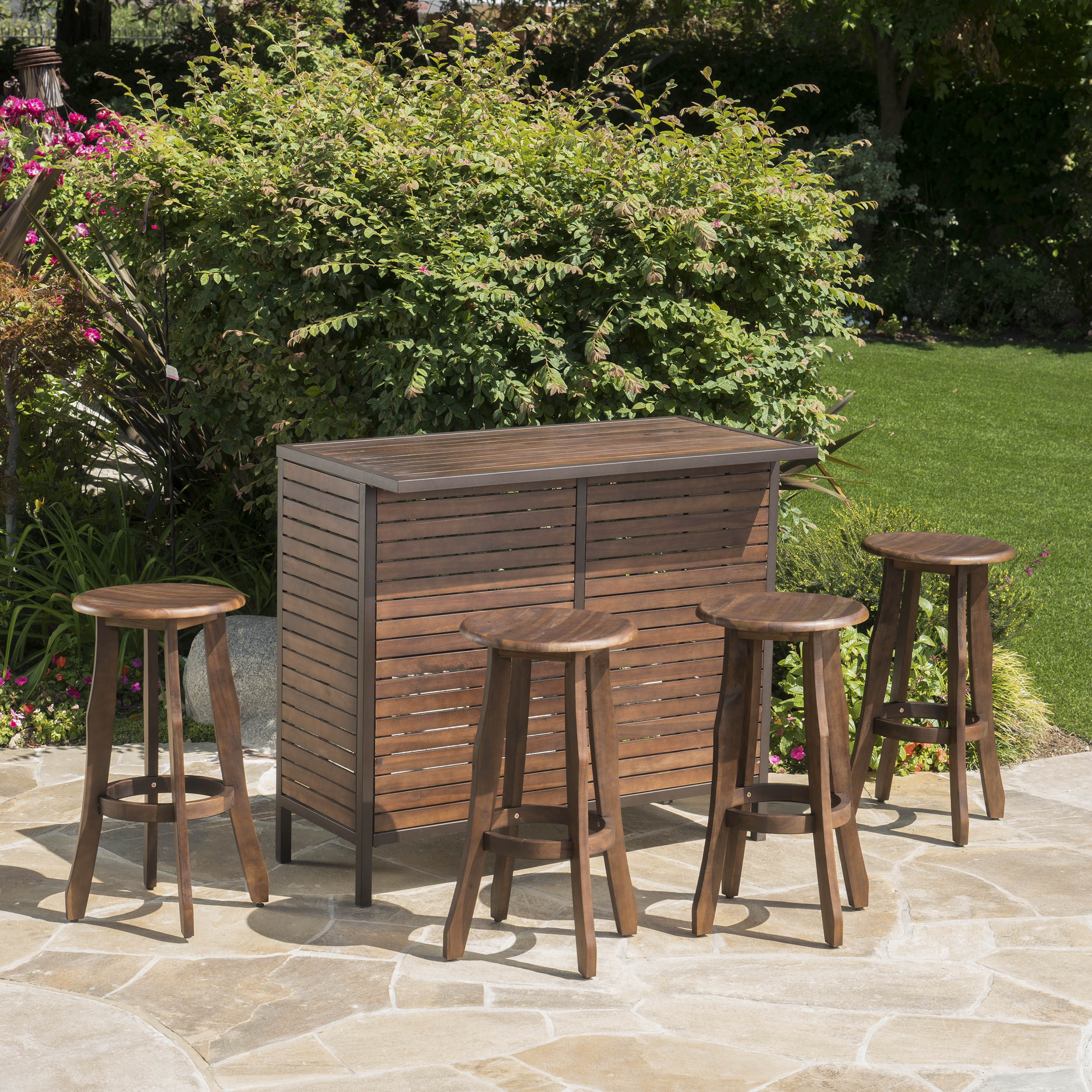 Pierre Outdoor 5 Piece Dark Brown Finished Acacia Wood Bar Set - furnishings