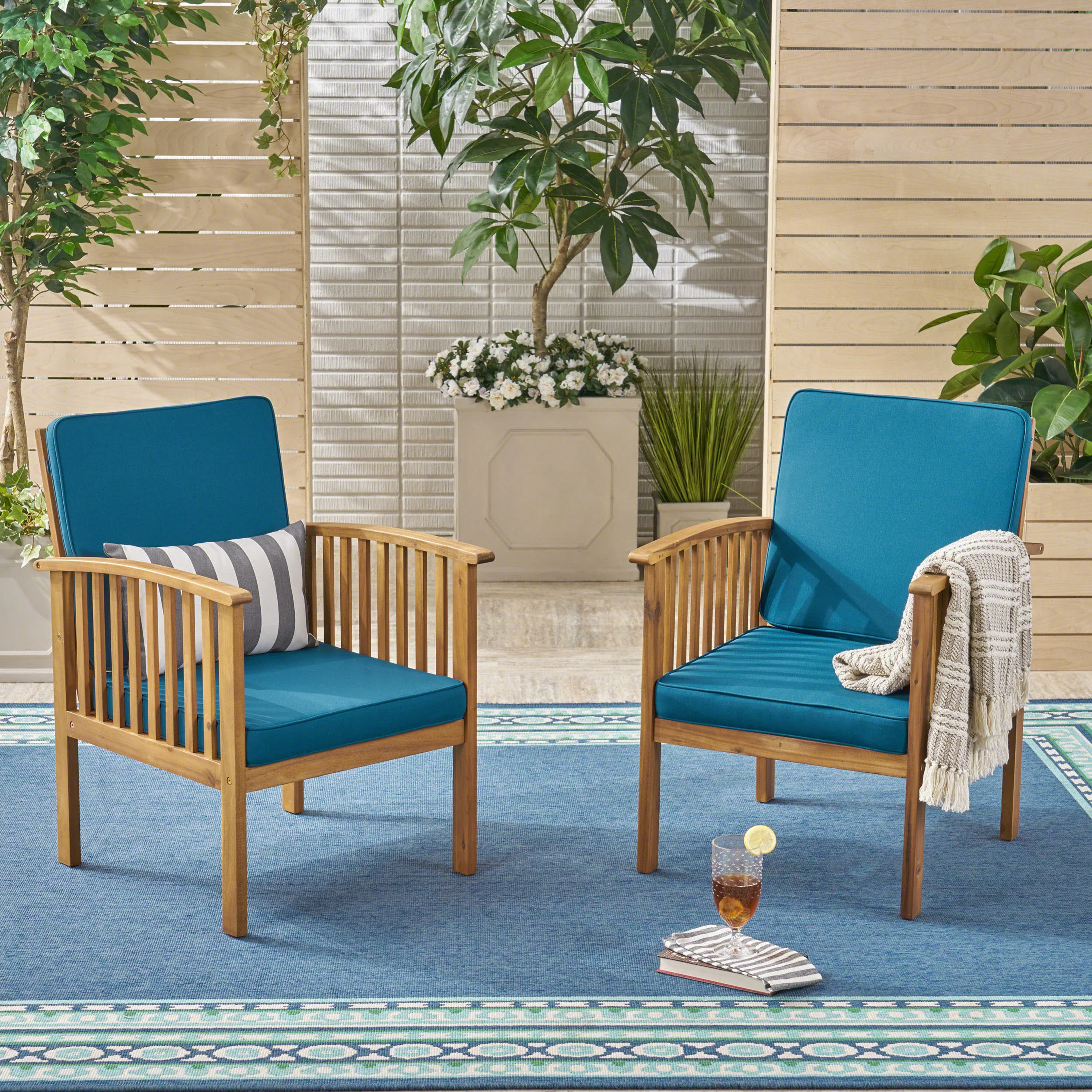 Ray Acacia Outdoor Acacia Wood Club Chairs w/ Cushions - furnishings