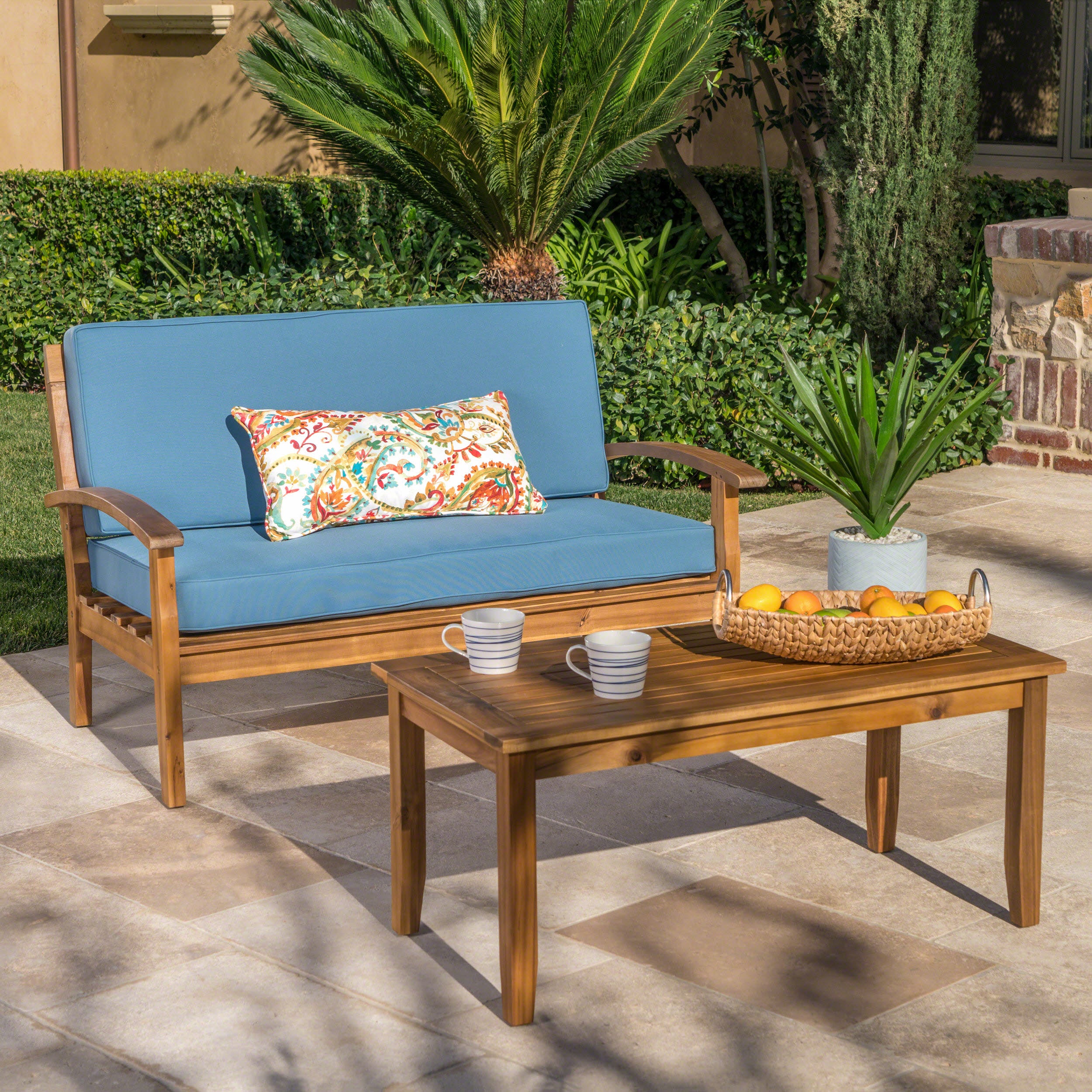 Keanu Outdoor Acacia Wood Loveseat and Coffee Table Set with Cushions - furnishings